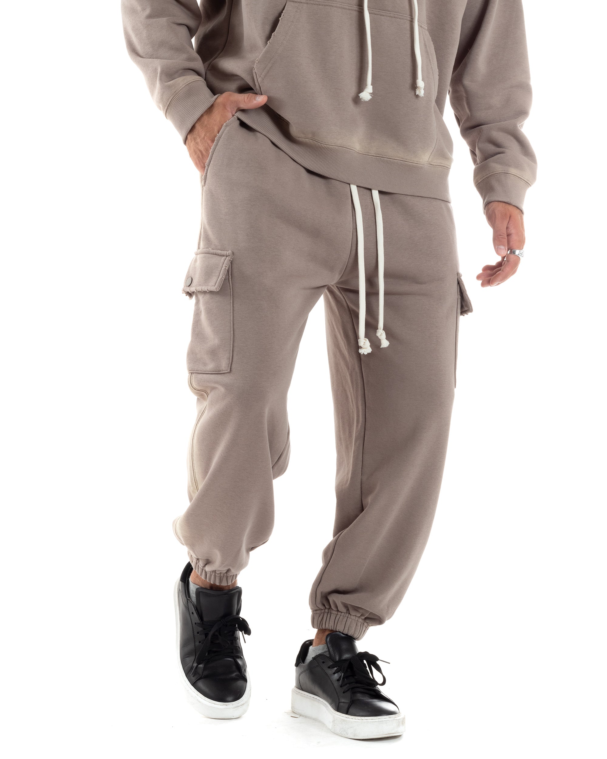 Completo Tuta Uomo Slavato Caldo Cotone Tracksuit Con Rotture Felpa Con Cappuccio Pantaloni Con Tasconi Cargo Fango GIOSAL-OU2477A