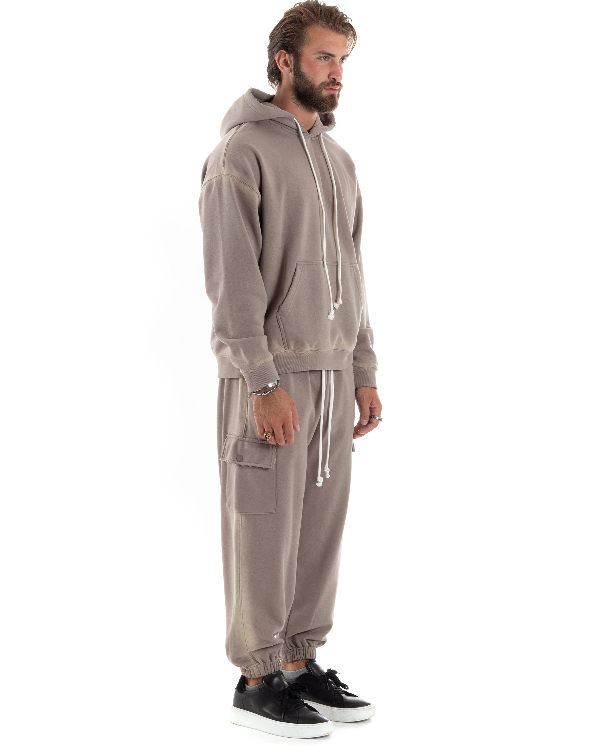 Completo Tuta Uomo Slavato Caldo Cotone Tracksuit Con Rotture Felpa Con Cappuccio Pantaloni Con Tasconi Cargo Fango GIOSAL-OU2477A