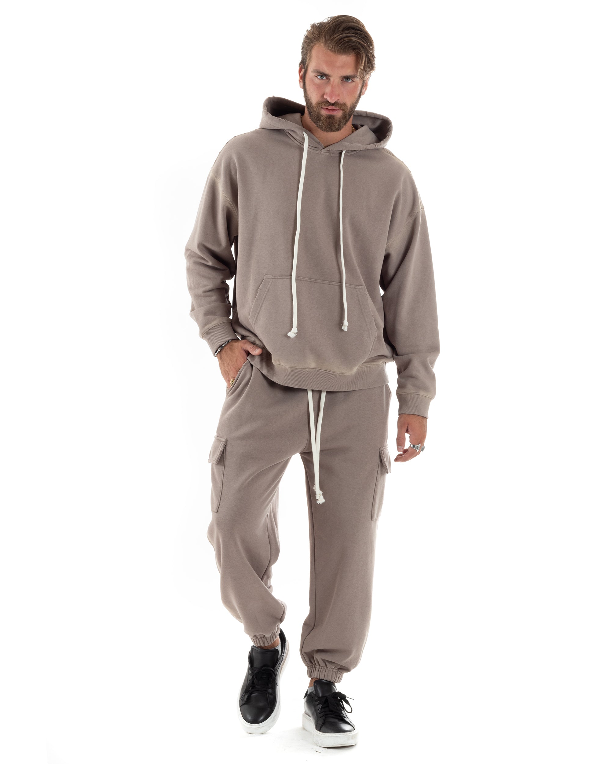 Completo Tuta Uomo Slavato Caldo Cotone Tracksuit Con Rotture Felpa Con Cappuccio Pantaloni Con Tasconi Cargo Fango GIOSAL-OU2477A