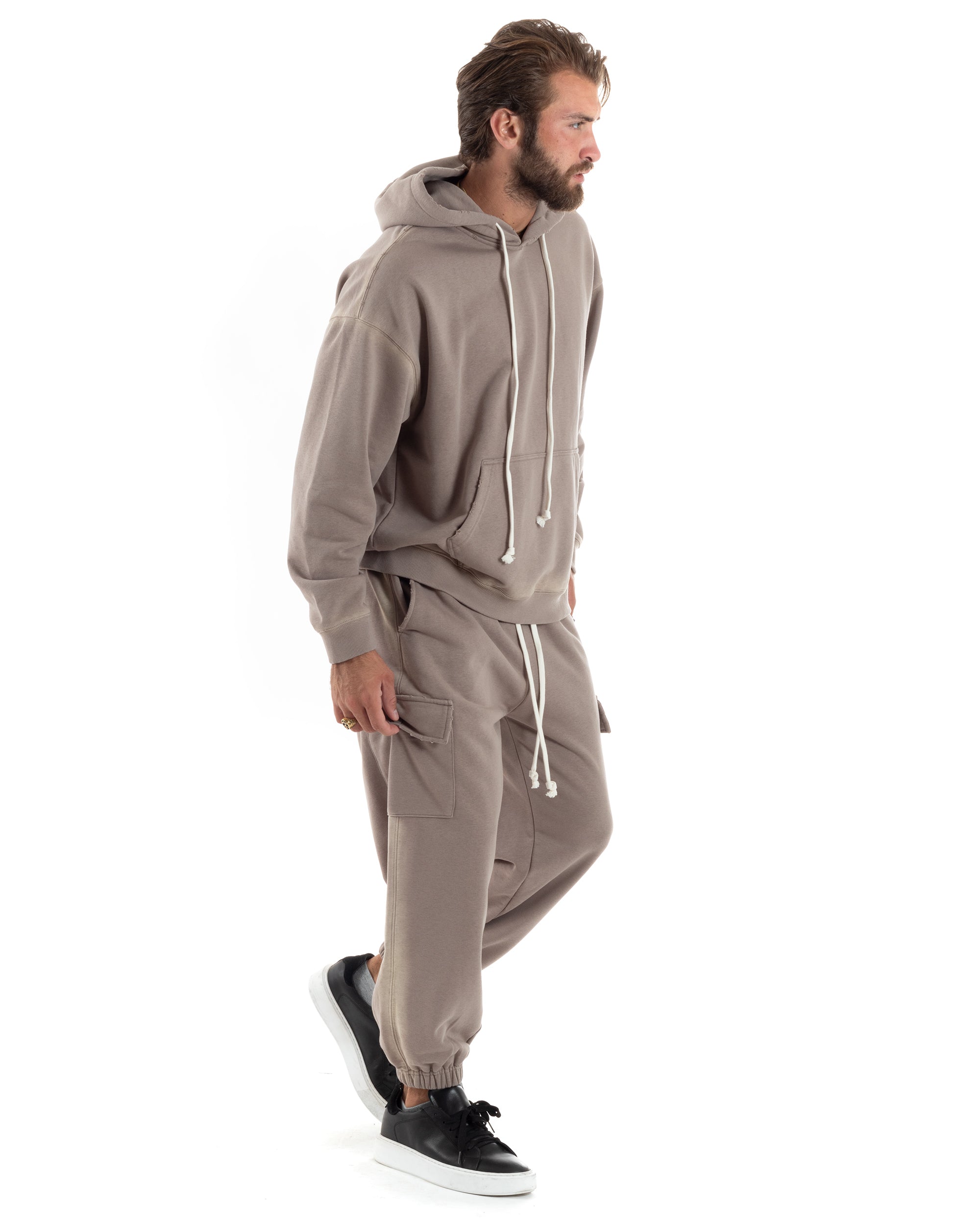 Completo Tuta Uomo Slavato Caldo Cotone Tracksuit Con Rotture Felpa Con Cappuccio Pantaloni Con Tasconi Cargo Fango GIOSAL-OU2477A