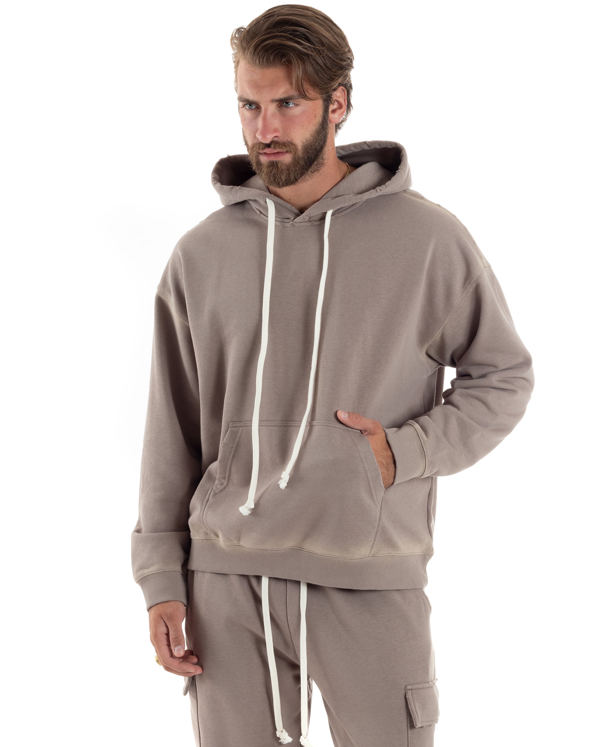 Completo Tuta Uomo Slavato Caldo Cotone Tracksuit Con Rotture Felpa Con Cappuccio Pantaloni Con Tasconi Cargo Fango GIOSAL-OU2477A