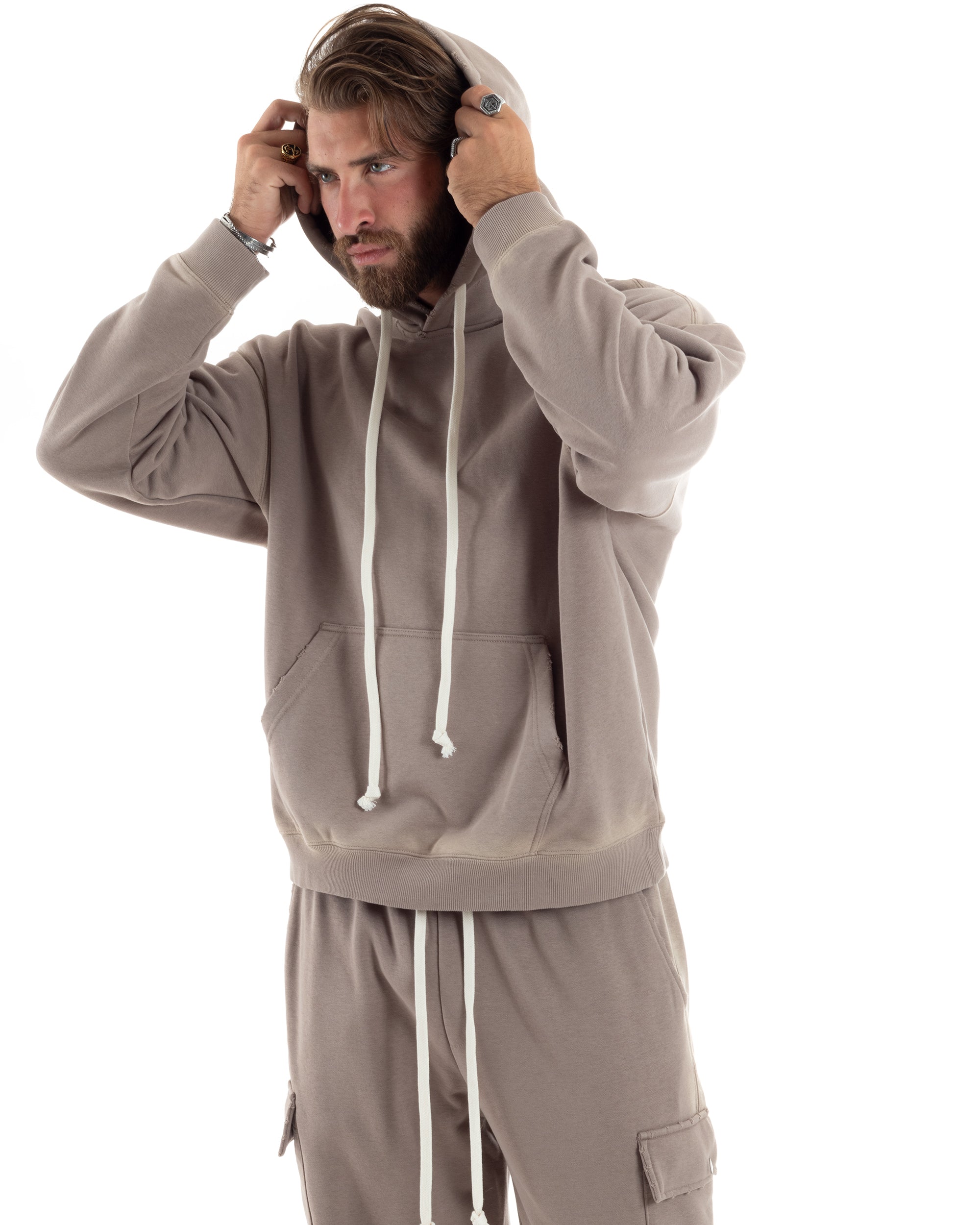 Completo Tuta Uomo Slavato Caldo Cotone Tracksuit Con Rotture Felpa Con Cappuccio Pantaloni Con Tasconi Cargo Fango GIOSAL-OU2477A