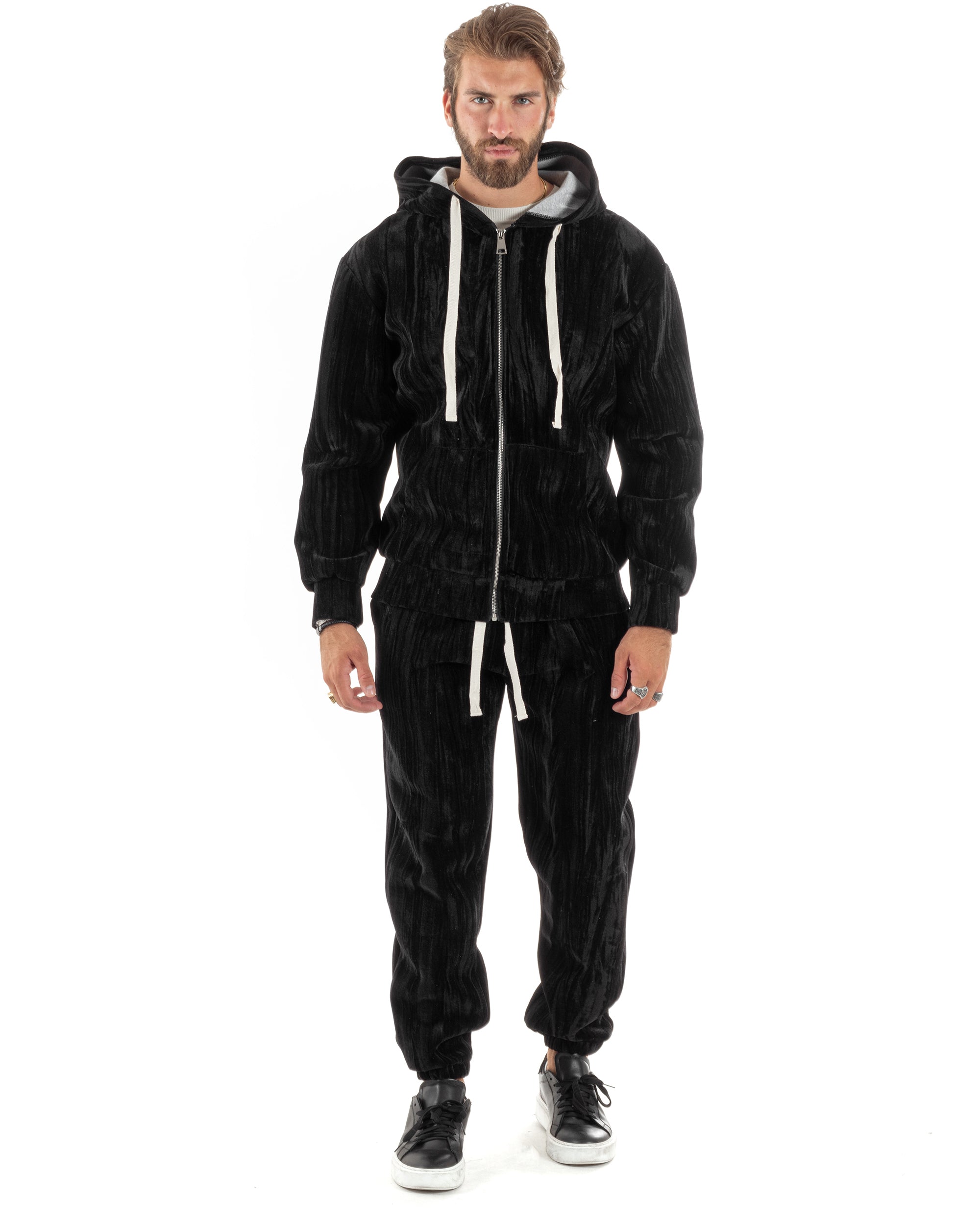 Completo Tuta Uomo Velluto Tracksuit Felpa Con Cappuccio Con Zip Pantaloni Con Coulisse Pantalaccio Nero GIOSAL-OU2478A