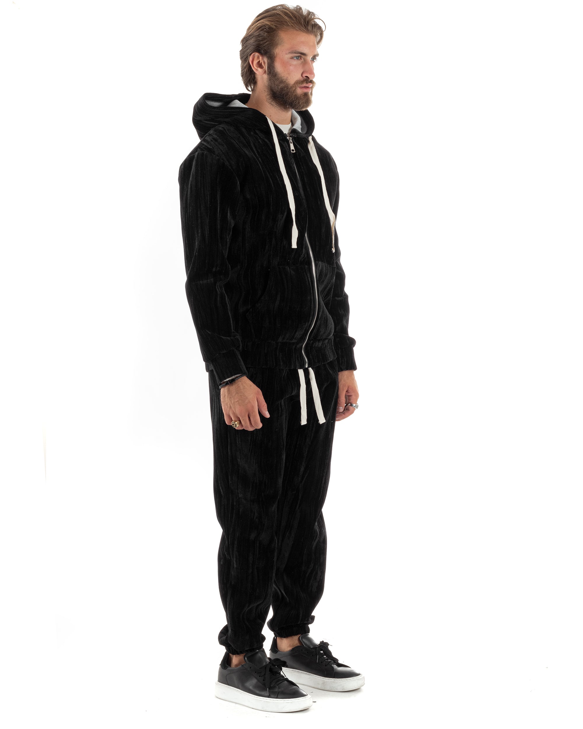 Completo Tuta Uomo Velluto Tracksuit Felpa Con Cappuccio Con Zip Pantaloni Con Coulisse Pantalaccio Nero GIOSAL-OU2478A