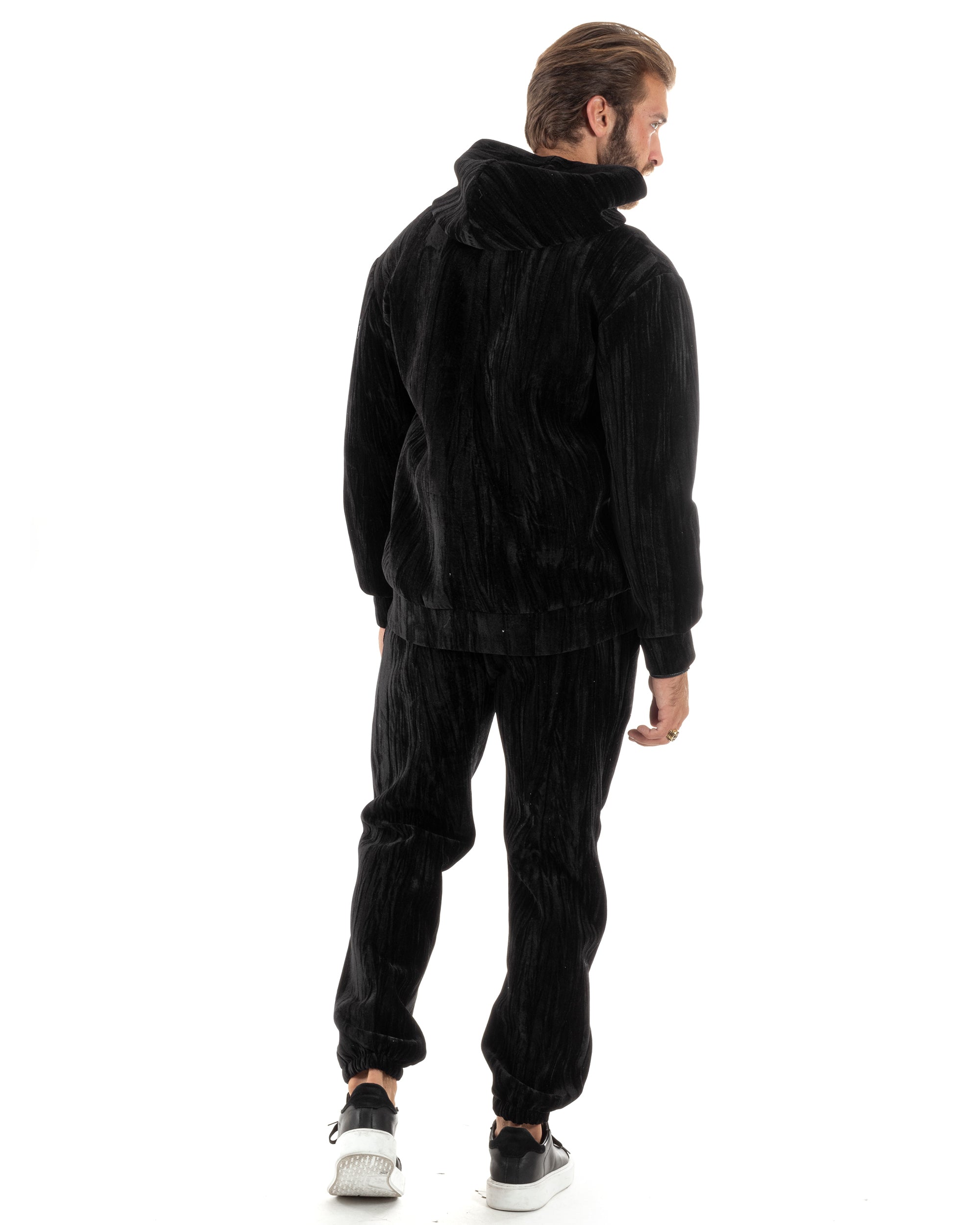 Completo Tuta Uomo Velluto Tracksuit Felpa Con Cappuccio Con Zip Pantaloni Con Coulisse Pantalaccio Nero GIOSAL-OU2478A