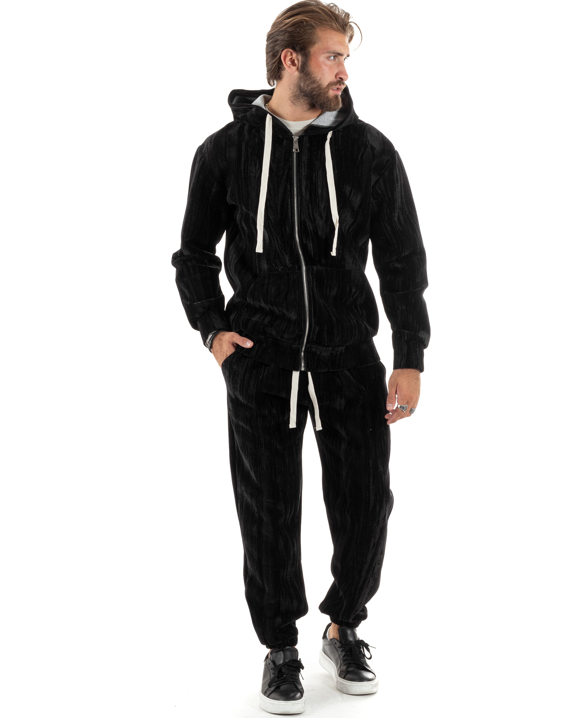 Completo Tuta Uomo Velluto Tracksuit Felpa Con Cappuccio Con Zip Pantaloni Con Coulisse Pantalaccio Nero GIOSAL-OU2478A