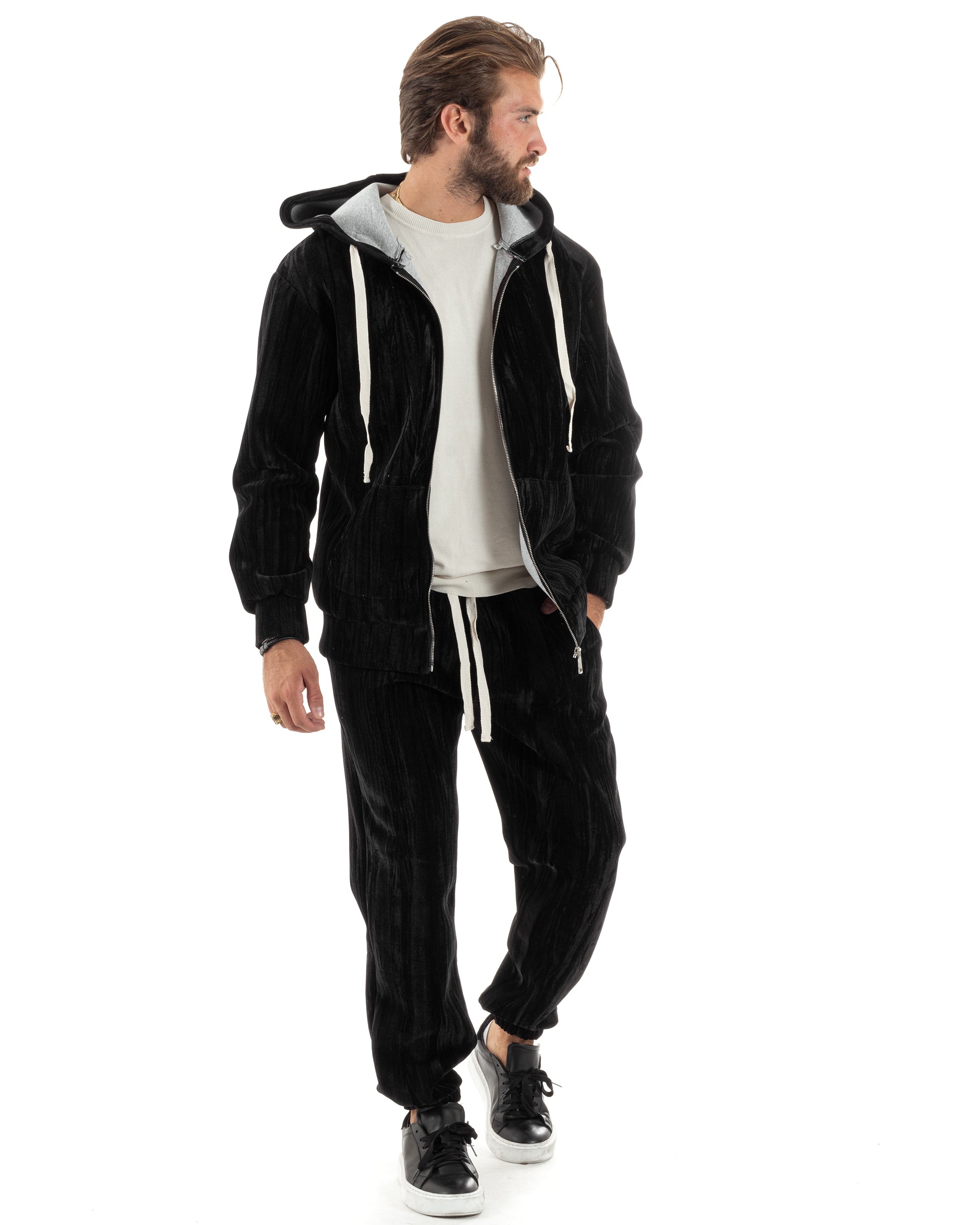 Completo Tuta Uomo Velluto Tracksuit Felpa Con Cappuccio Con Zip Pantaloni Con Coulisse Pantalaccio Nero GIOSAL-OU2478A