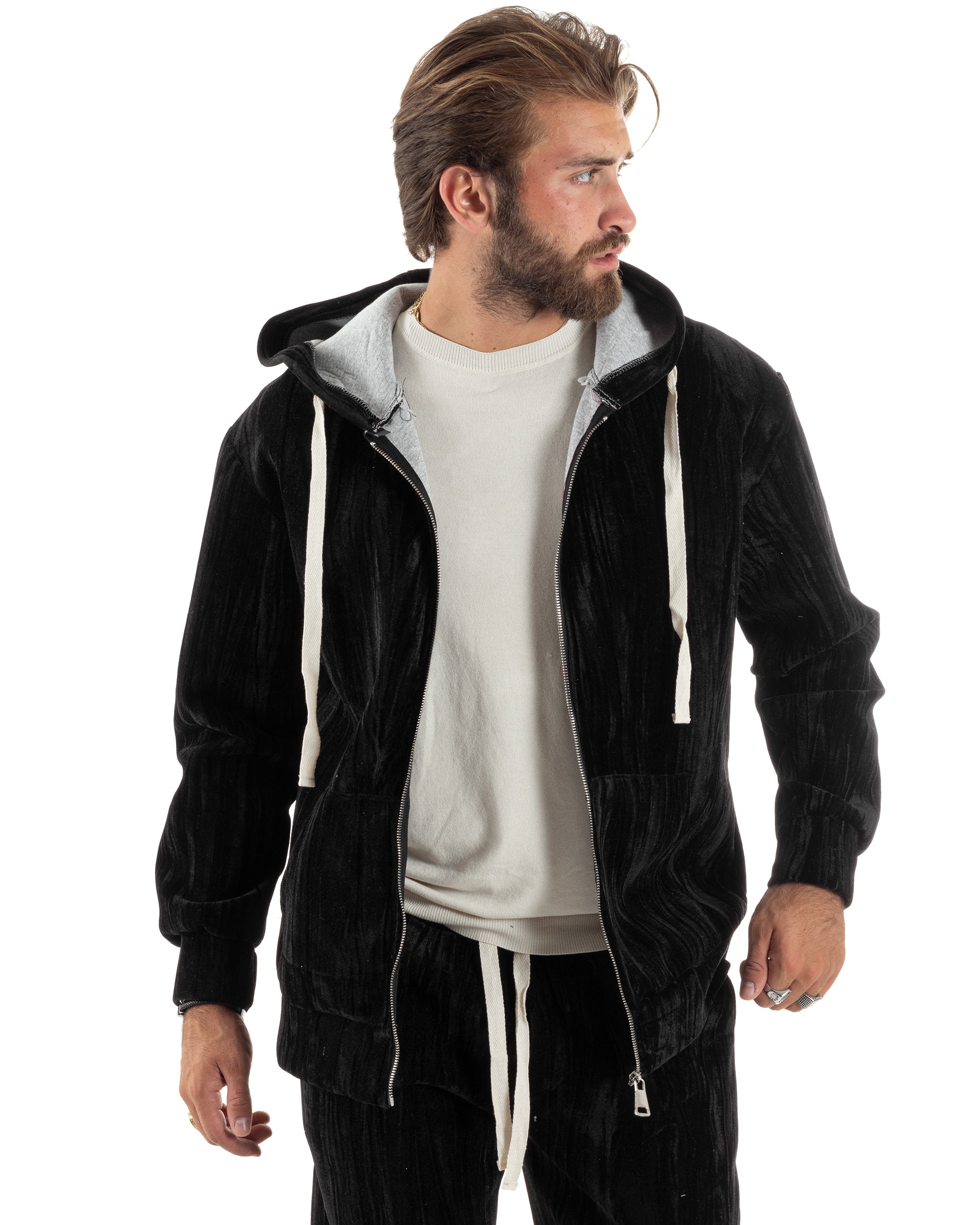 Completo Tuta Uomo Velluto Tracksuit Felpa Con Cappuccio Con Zip Pantaloni Con Coulisse Pantalaccio Nero GIOSAL-OU2478A