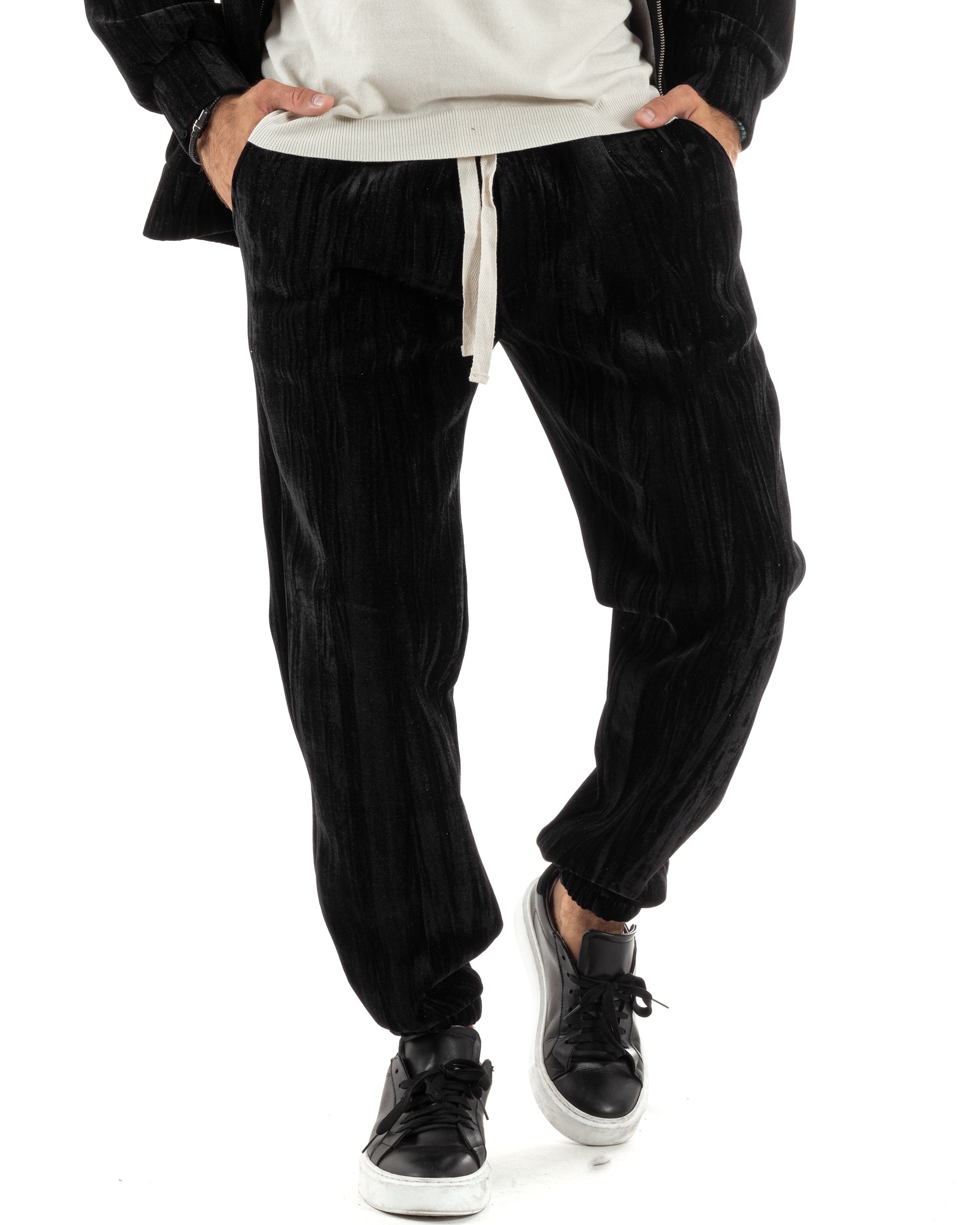 Completo Tuta Uomo Velluto Tracksuit Felpa Con Cappuccio Con Zip Pantaloni Con Coulisse Pantalaccio Nero GIOSAL-OU2478A