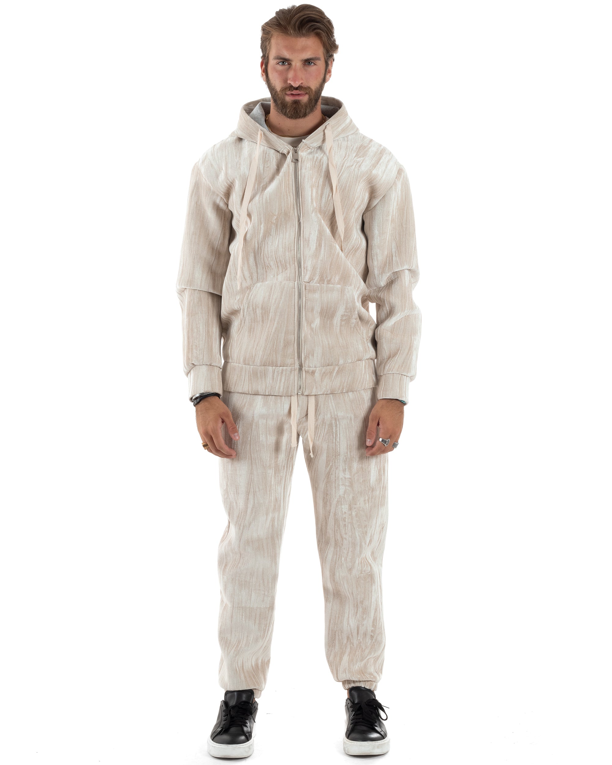 Completo Tuta Uomo Velluto Tracksuit Felpa Con Cappuccio Con Zip Pantaloni Con Coulisse Pantalaccio Panna GIOSAL-OU2479A