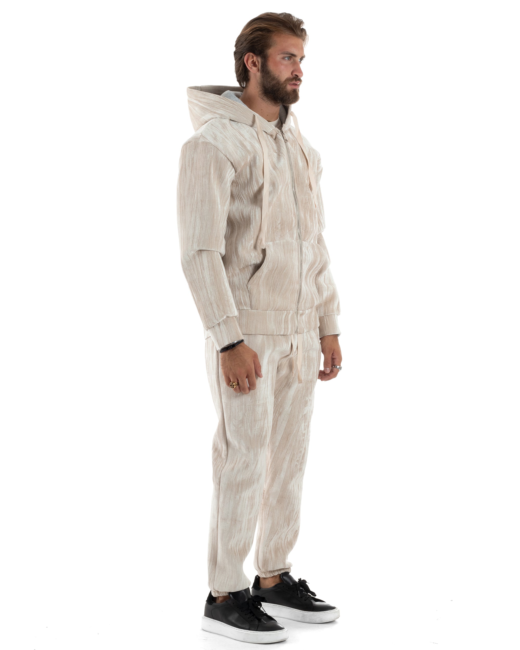 Completo Tuta Uomo Velluto Tracksuit Felpa Con Cappuccio Con Zip Pantaloni Con Coulisse Pantalaccio Panna GIOSAL-OU2479A