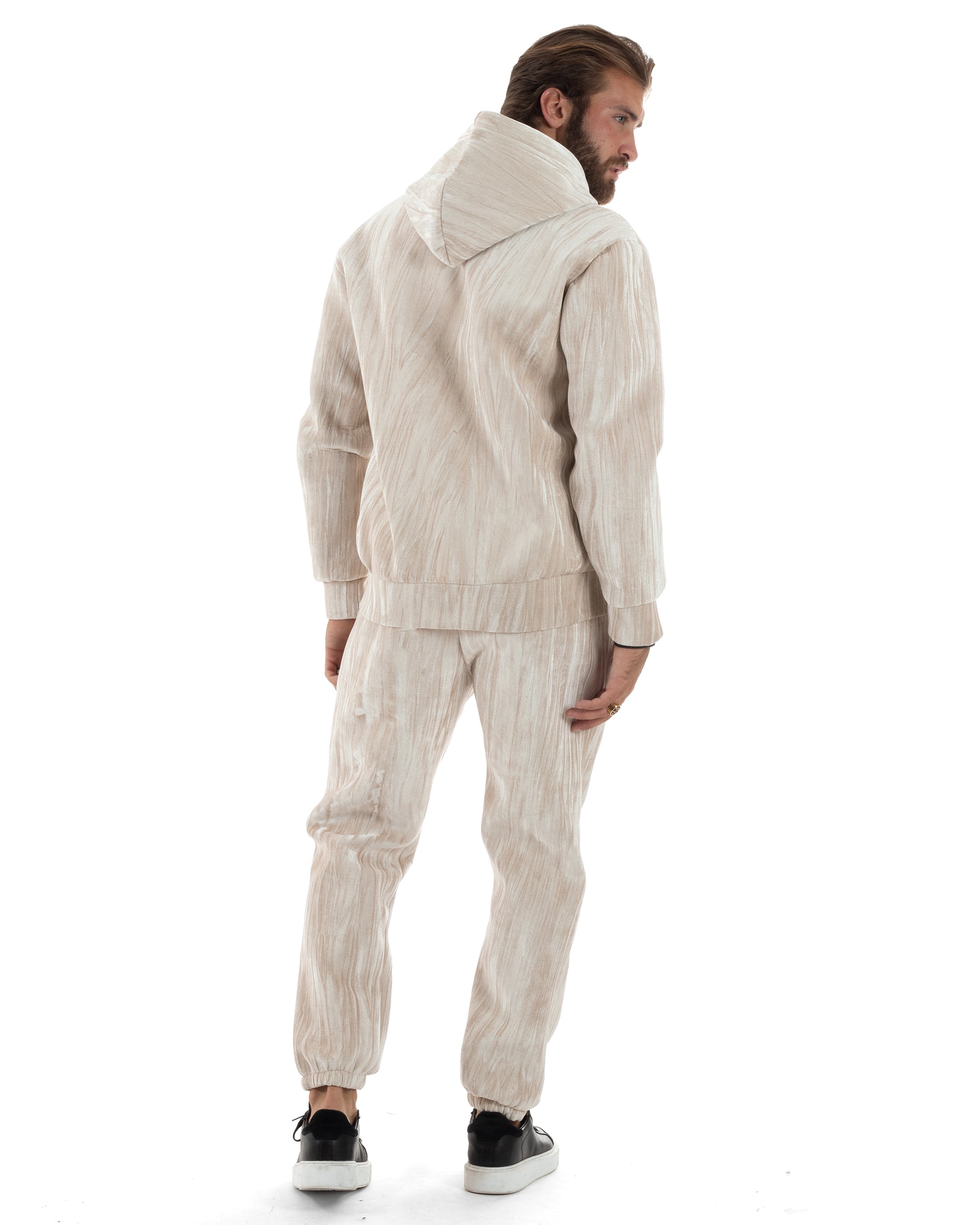 Completo Tuta Uomo Velluto Tracksuit Felpa Con Cappuccio Con Zip Pantaloni Con Coulisse Pantalaccio Panna GIOSAL-OU2479A