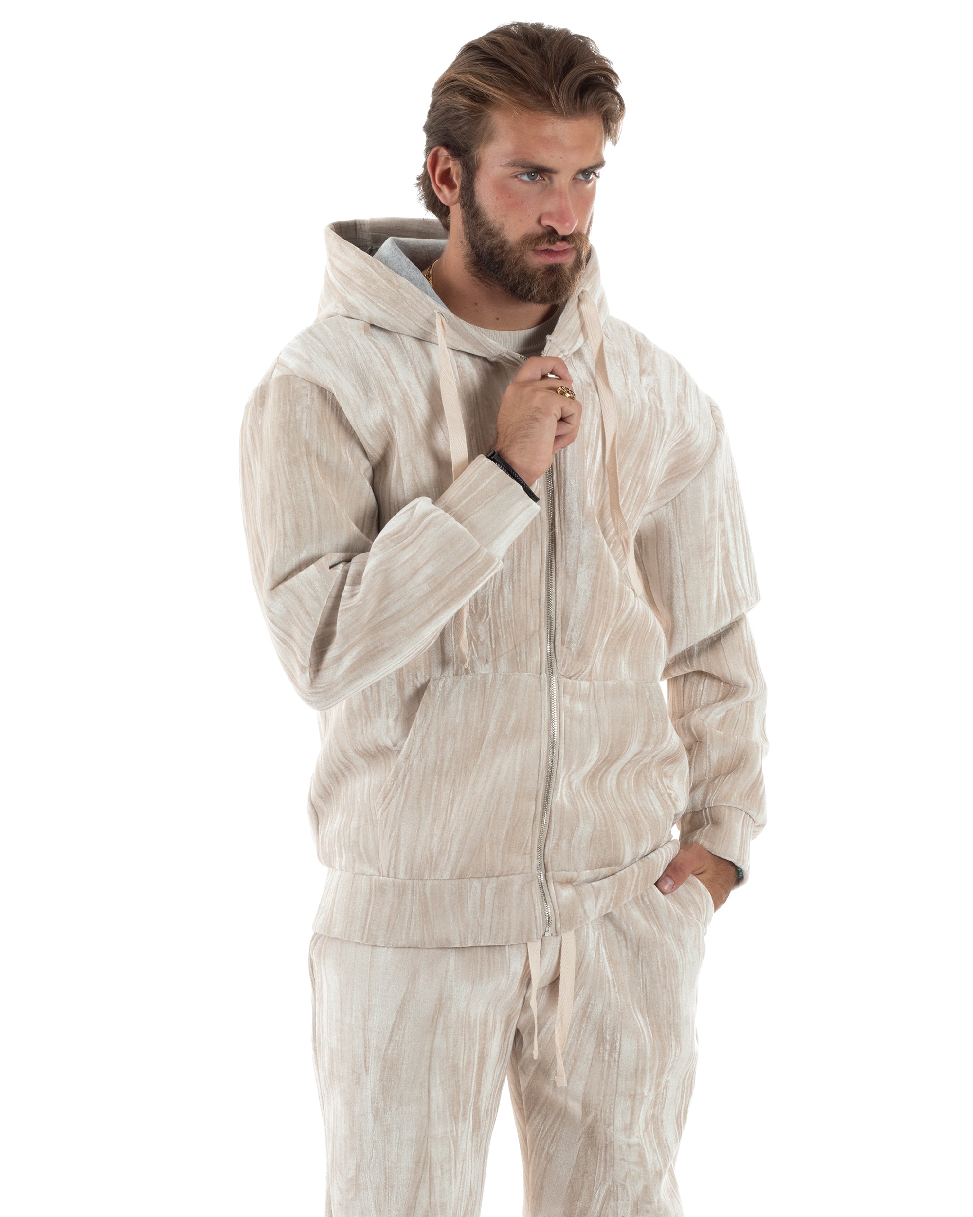 Completo Tuta Uomo Velluto Tracksuit Felpa Con Cappuccio Con Zip Pantaloni Con Coulisse Pantalaccio Panna GIOSAL-OU2479A