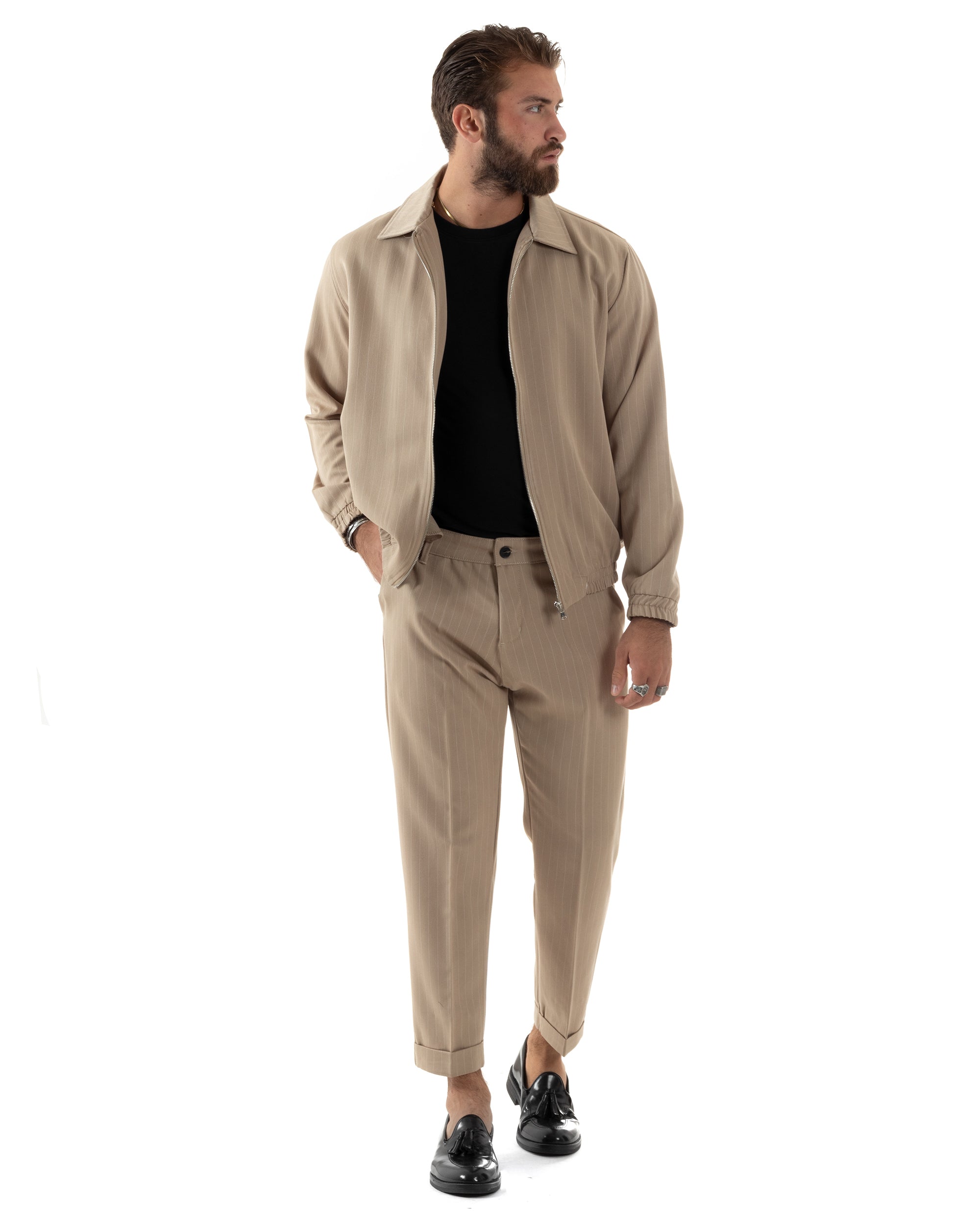 Completo Gessato Set Coordinato Uomo Viscosa Rigato Giacca Con Zip Pantalone Con Tasche America Con Risvolto Regular Fit Casual Beige GIOSAL-OU2481A