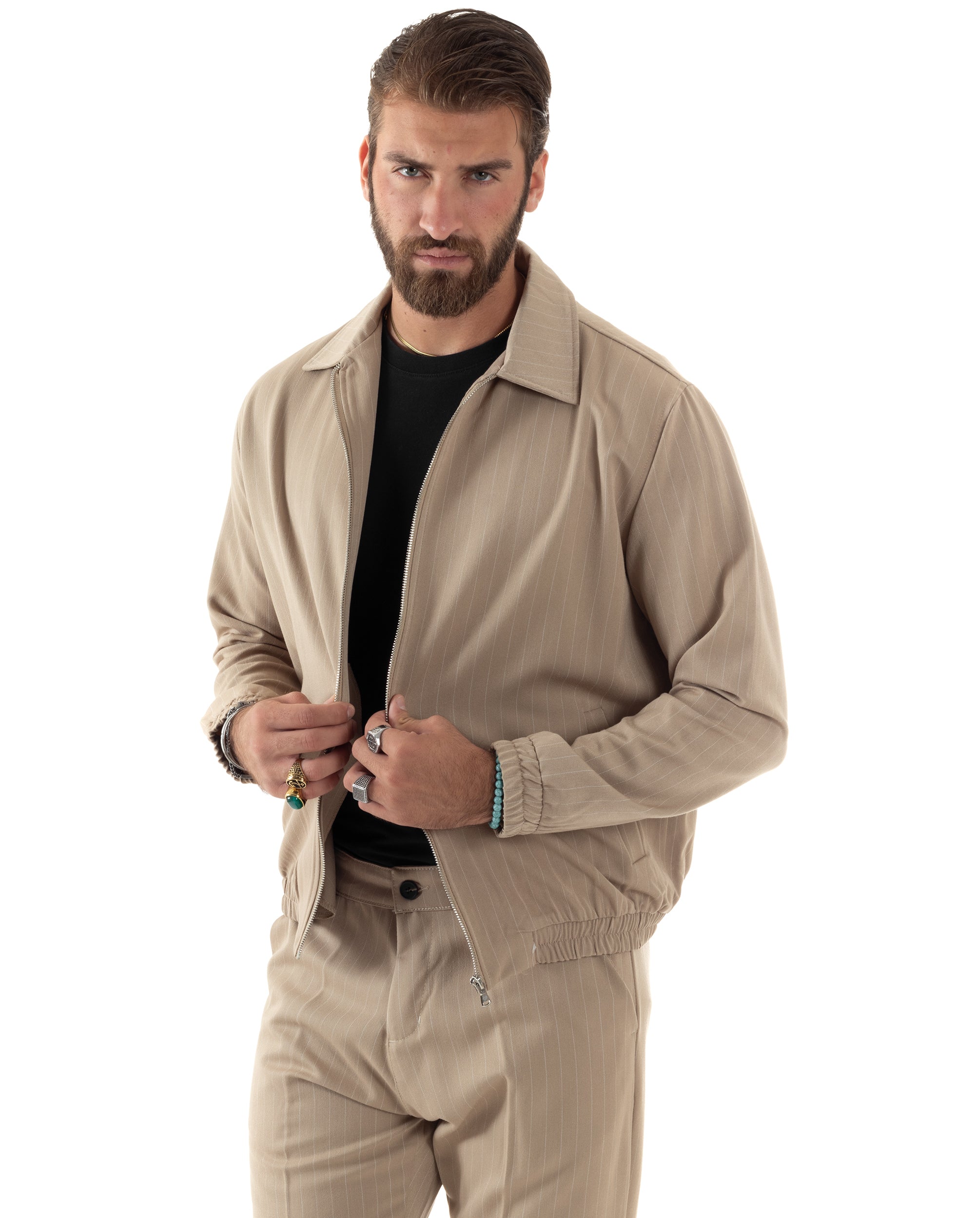 Completo Gessato Set Coordinato Uomo Viscosa Rigato Giacca Con Zip Pantalone Con Tasche America Con Risvolto Regular Fit Casual Beige GIOSAL-OU2481A