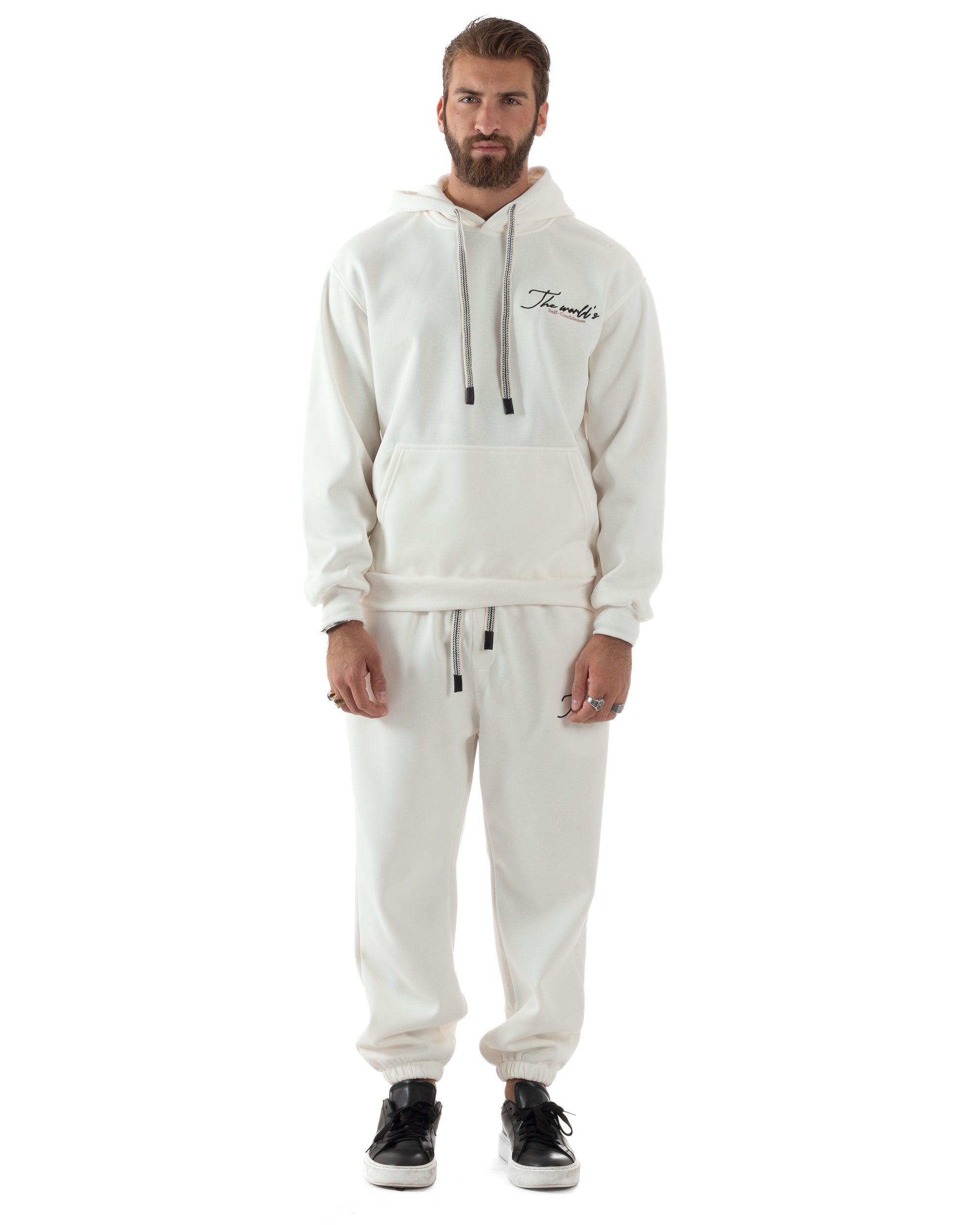 Completo Tuta Uomo PolyCotton Con Stampa Tracksuit Calda Felpa Con Cappuccio Pantaloni Con Elastico Bianco GIOSAL-OU2482A