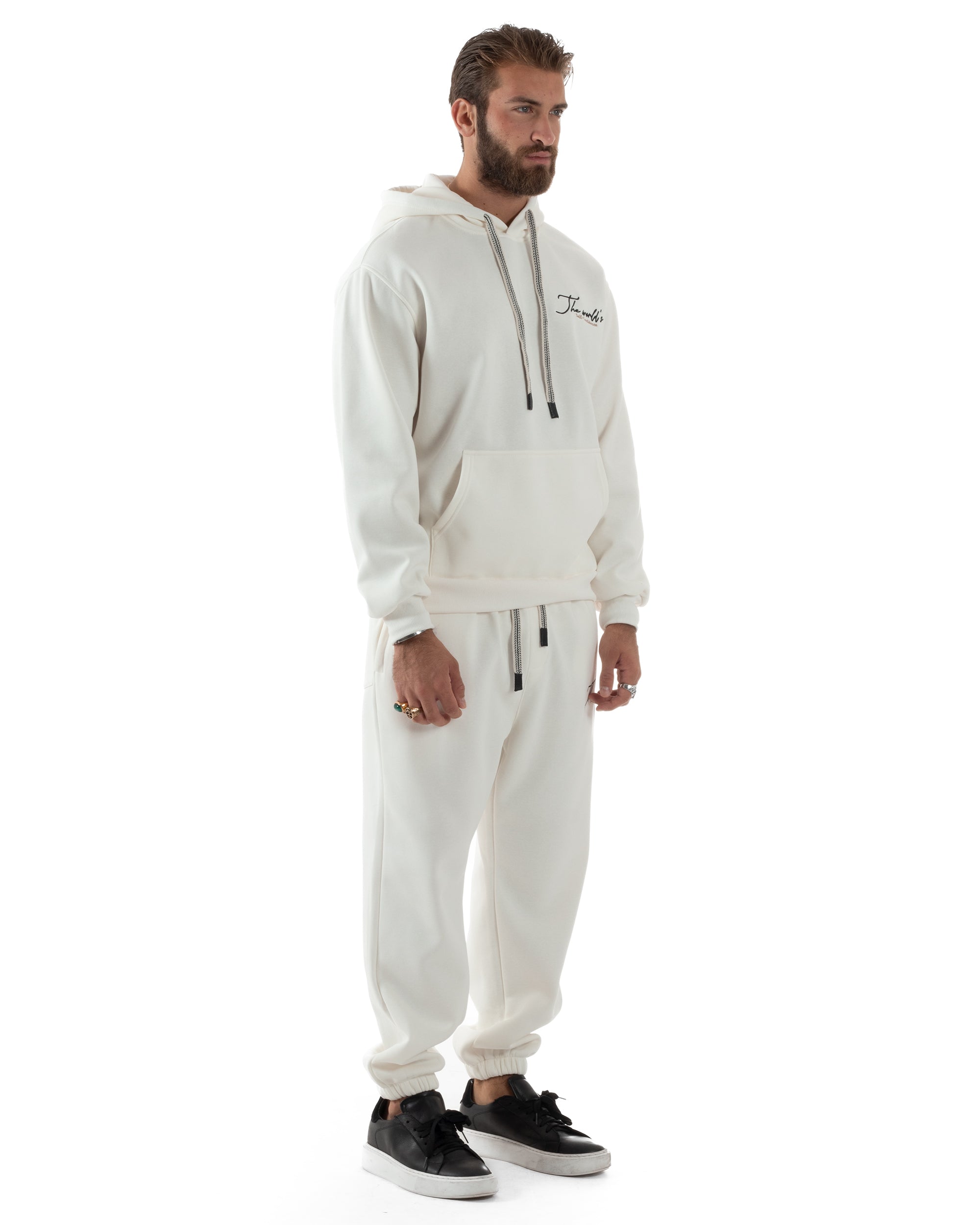 Completo Tuta Uomo PolyCotton Con Stampa Tracksuit Calda Felpa Con Cappuccio Pantaloni Con Elastico Bianco GIOSAL-OU2482A