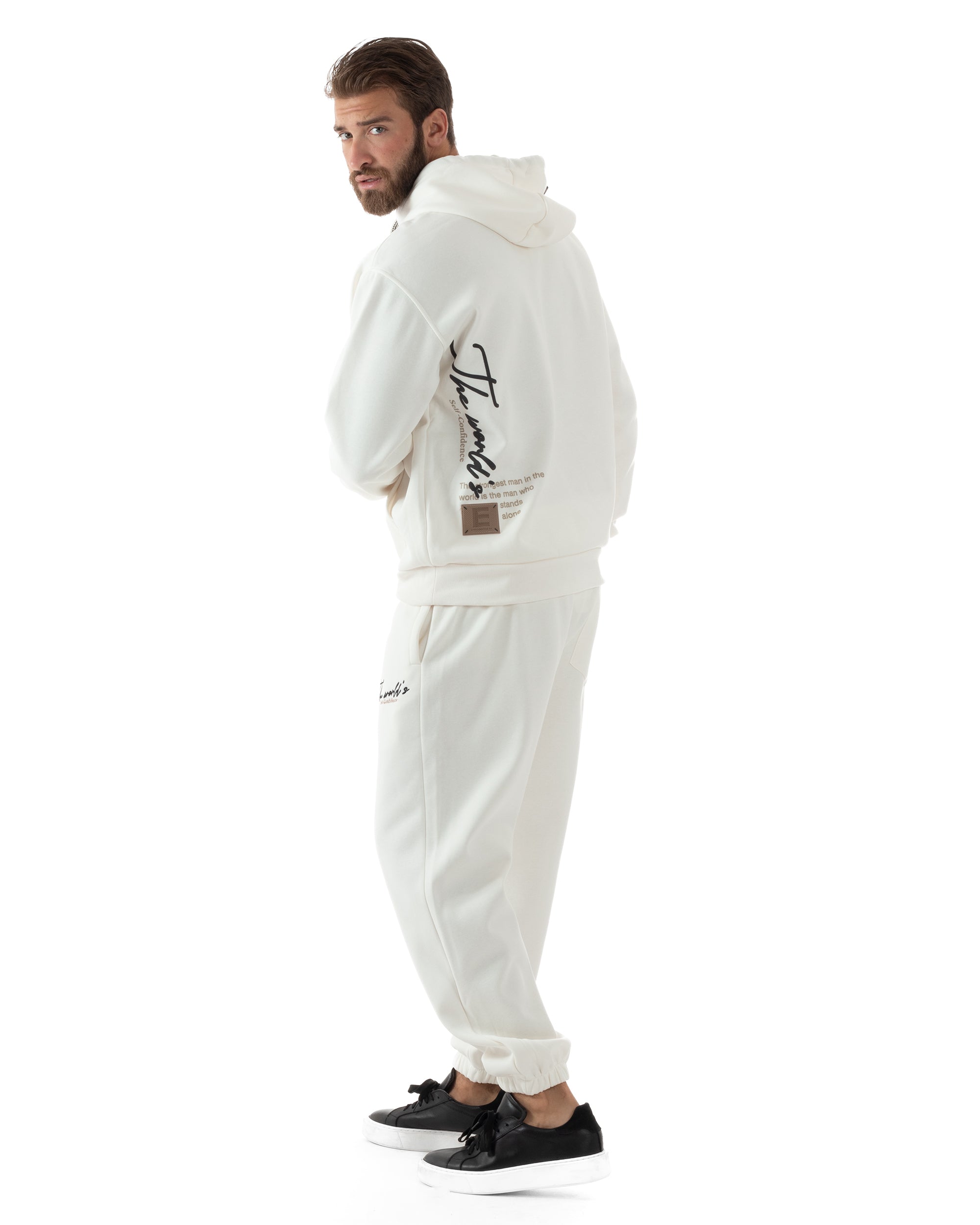 Completo Tuta Uomo PolyCotton Con Stampa Tracksuit Calda Felpa Con Cappuccio Pantaloni Con Elastico Bianco GIOSAL-OU2482A