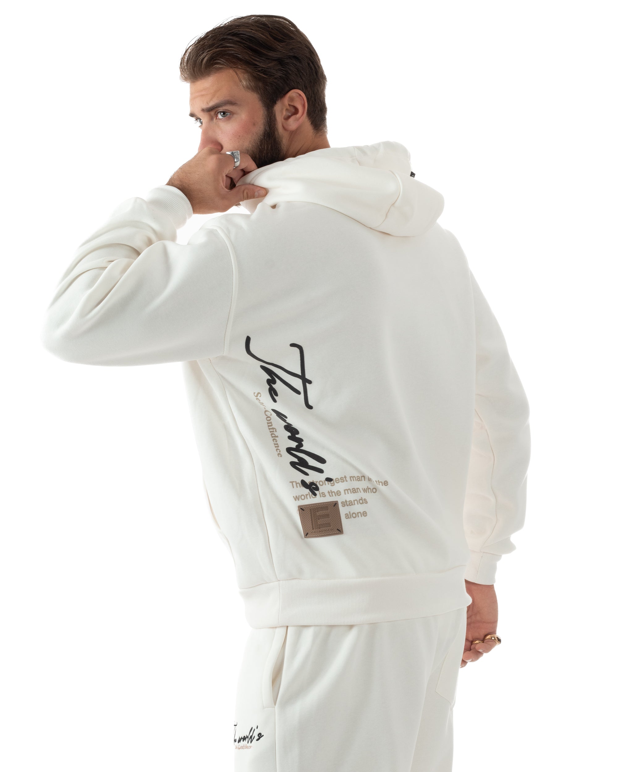 Completo Tuta Uomo PolyCotton Con Stampa Tracksuit Calda Felpa Con Cappuccio Pantaloni Con Elastico Bianco GIOSAL-OU2482A