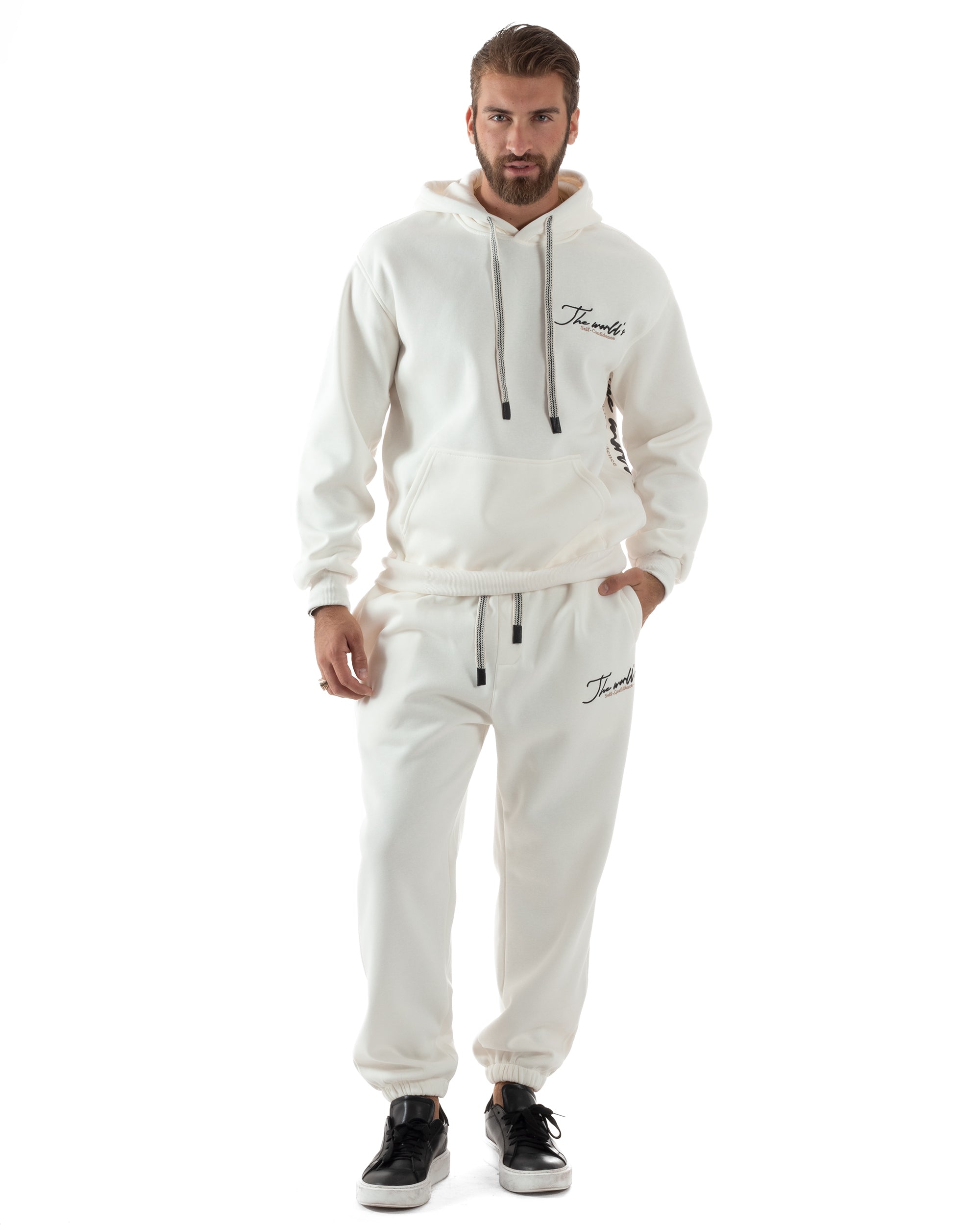 Completo Tuta Uomo PolyCotton Con Stampa Tracksuit Calda Felpa Con Cappuccio Pantaloni Con Elastico Bianco GIOSAL-OU2482A