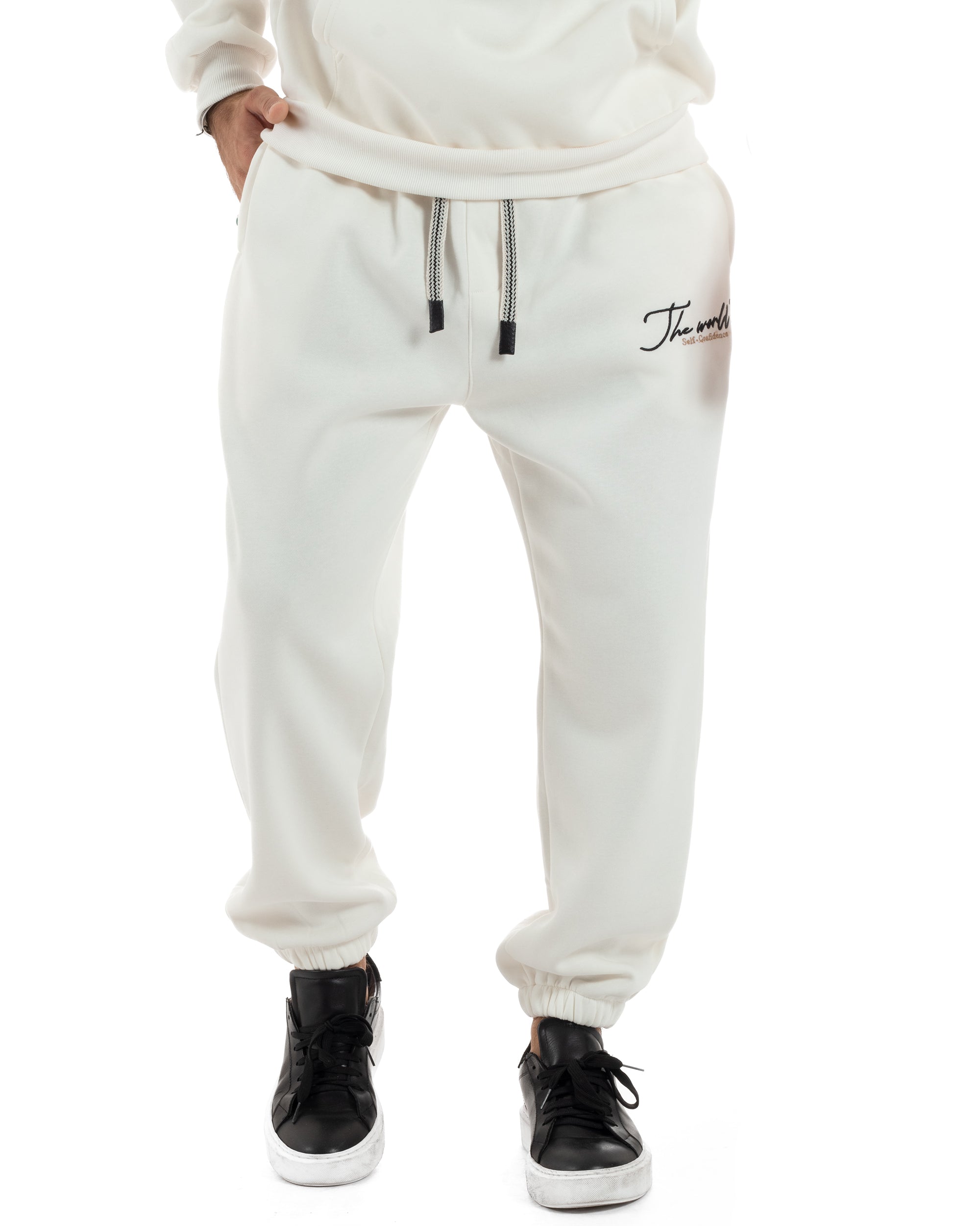 Completo Tuta Uomo PolyCotton Con Stampa Tracksuit Calda Felpa Con Cappuccio Pantaloni Con Elastico Bianco GIOSAL-OU2482A