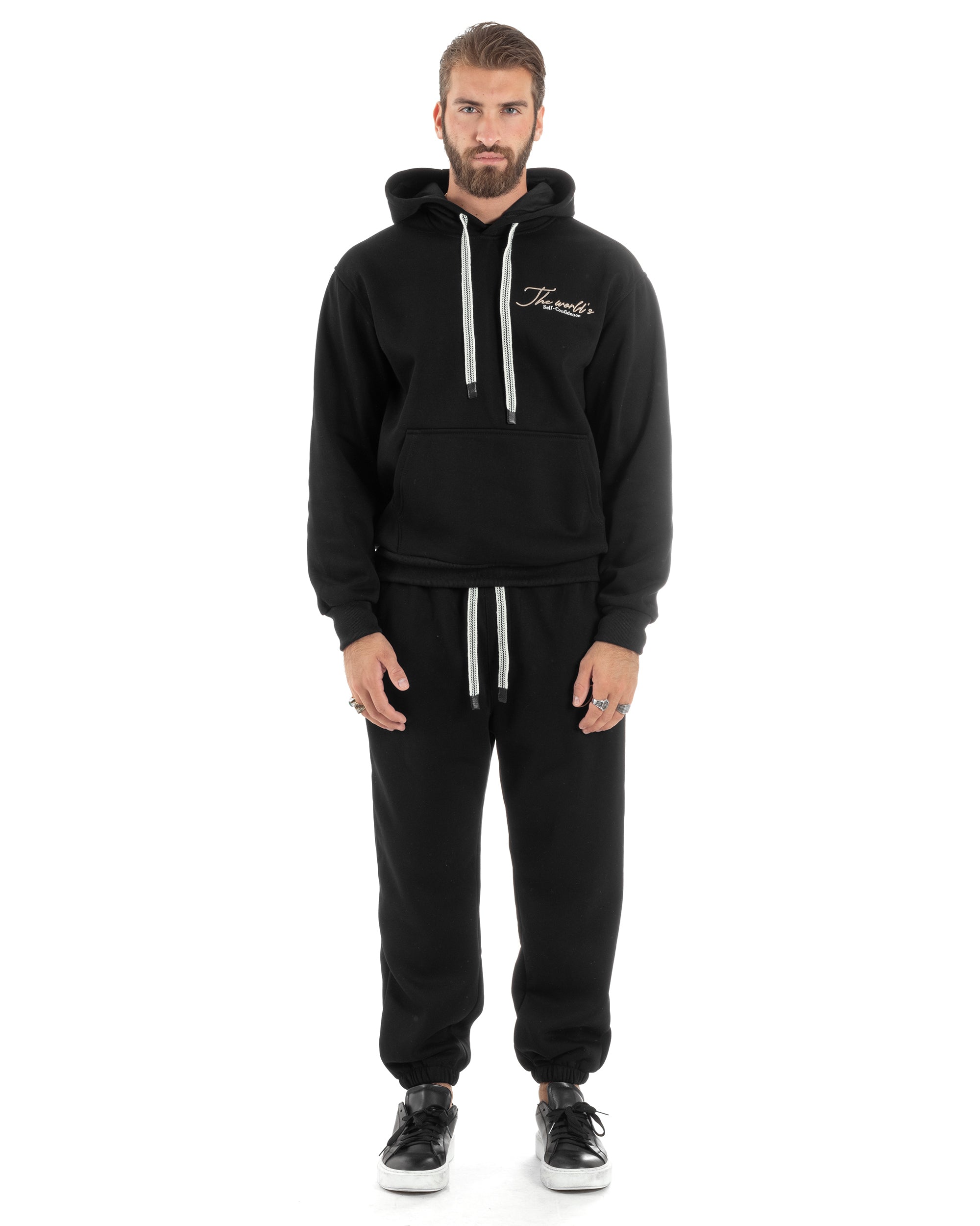 Completo Tuta Uomo PolyCotton Con Stampa Tracksuit Calda Felpa Con Cappuccio Pantaloni Con Elastico Nero GIOSAL-OU2483A