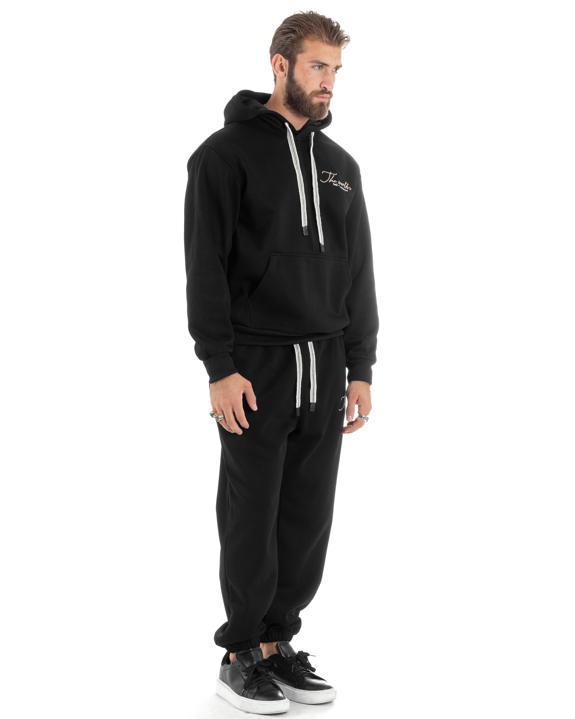 Completo Tuta Uomo PolyCotton Con Stampa Tracksuit Calda Felpa Con Cappuccio Pantaloni Con Elastico Nero GIOSAL-OU2483A