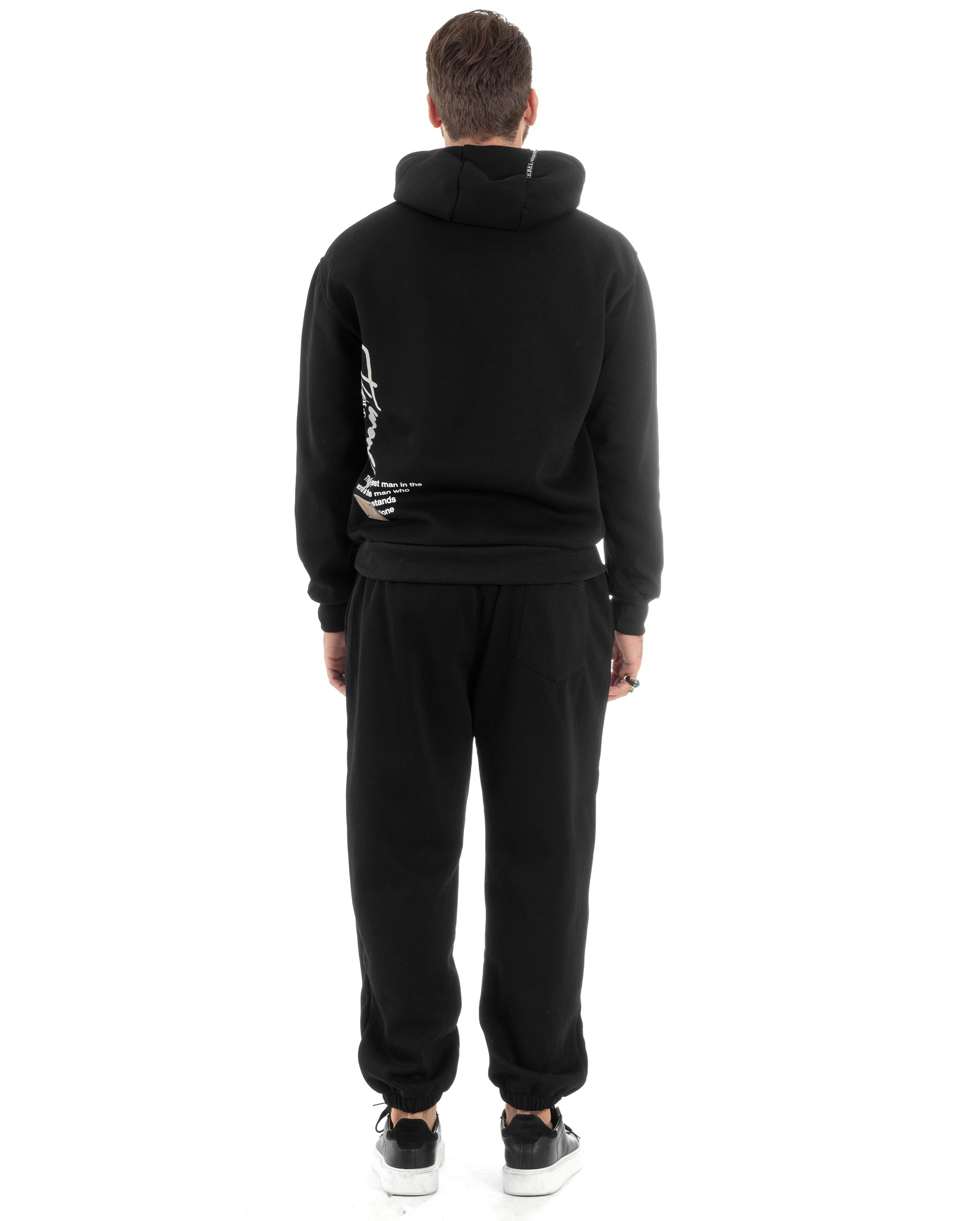 Completo Tuta Uomo PolyCotton Con Stampa Tracksuit Calda Felpa Con Cappuccio Pantaloni Con Elastico Nero GIOSAL-OU2483A