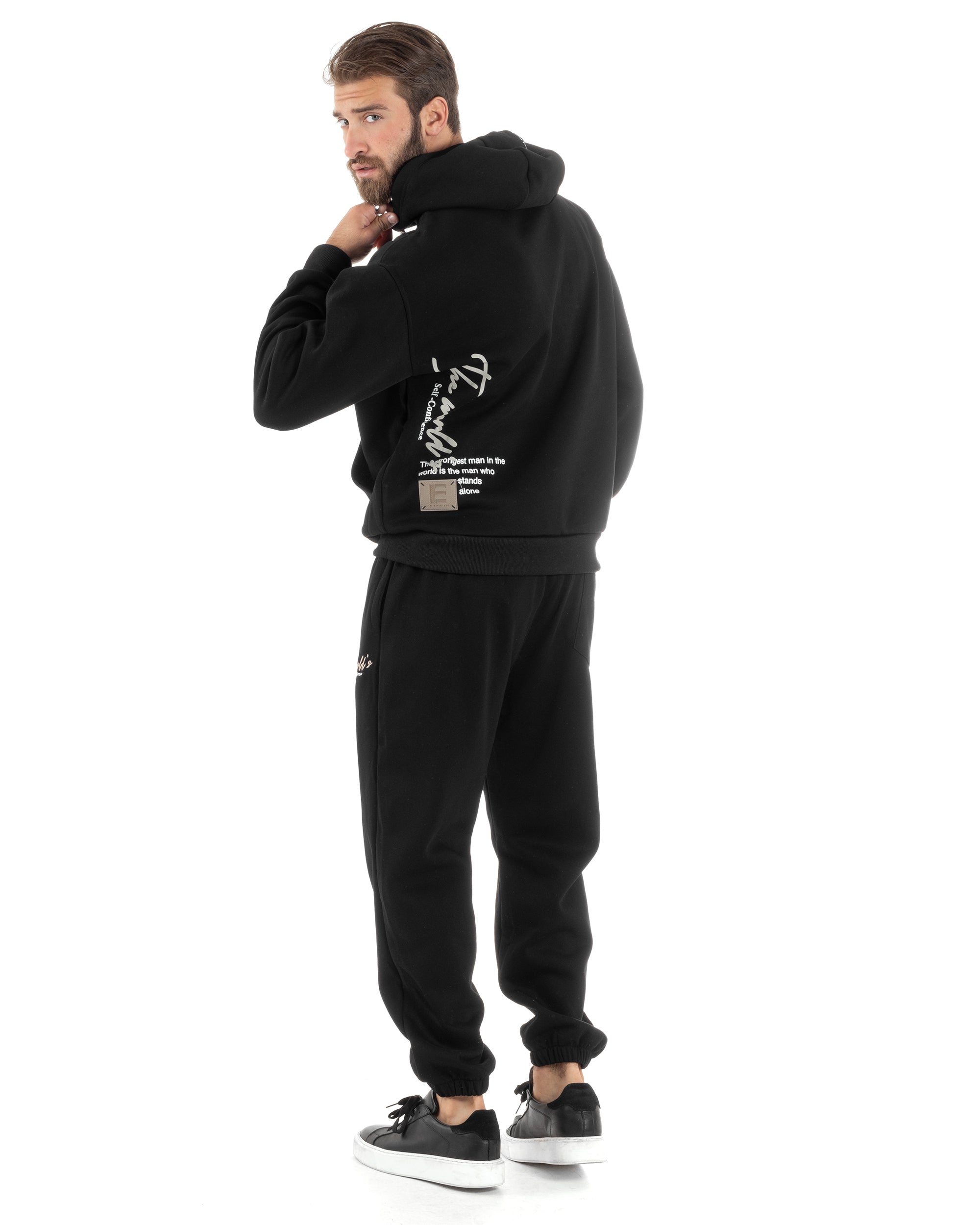 Completo Tuta Uomo PolyCotton Con Stampa Tracksuit Calda Felpa Con Cappuccio Pantaloni Con Elastico Nero GIOSAL-OU2483A