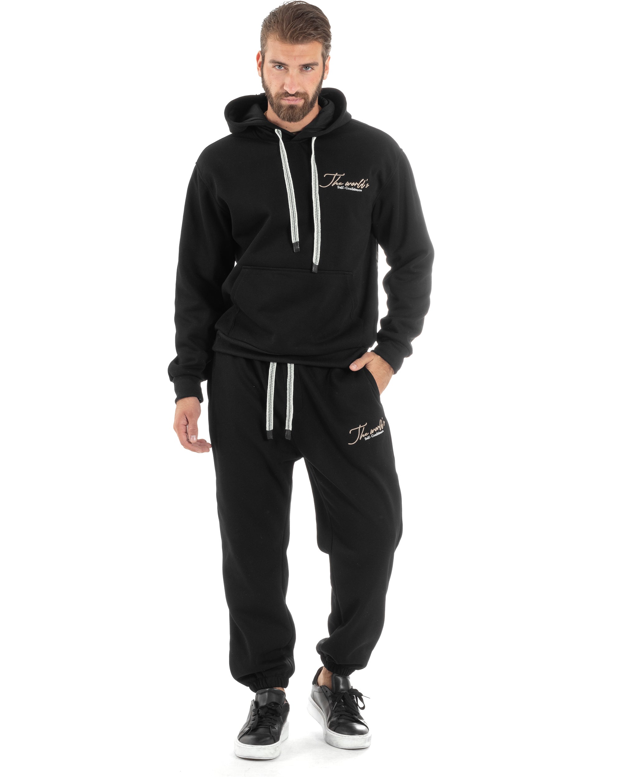 Completo Tuta Uomo PolyCotton Con Stampa Tracksuit Calda Felpa Con Cappuccio Pantaloni Con Elastico Nero GIOSAL-OU2483A