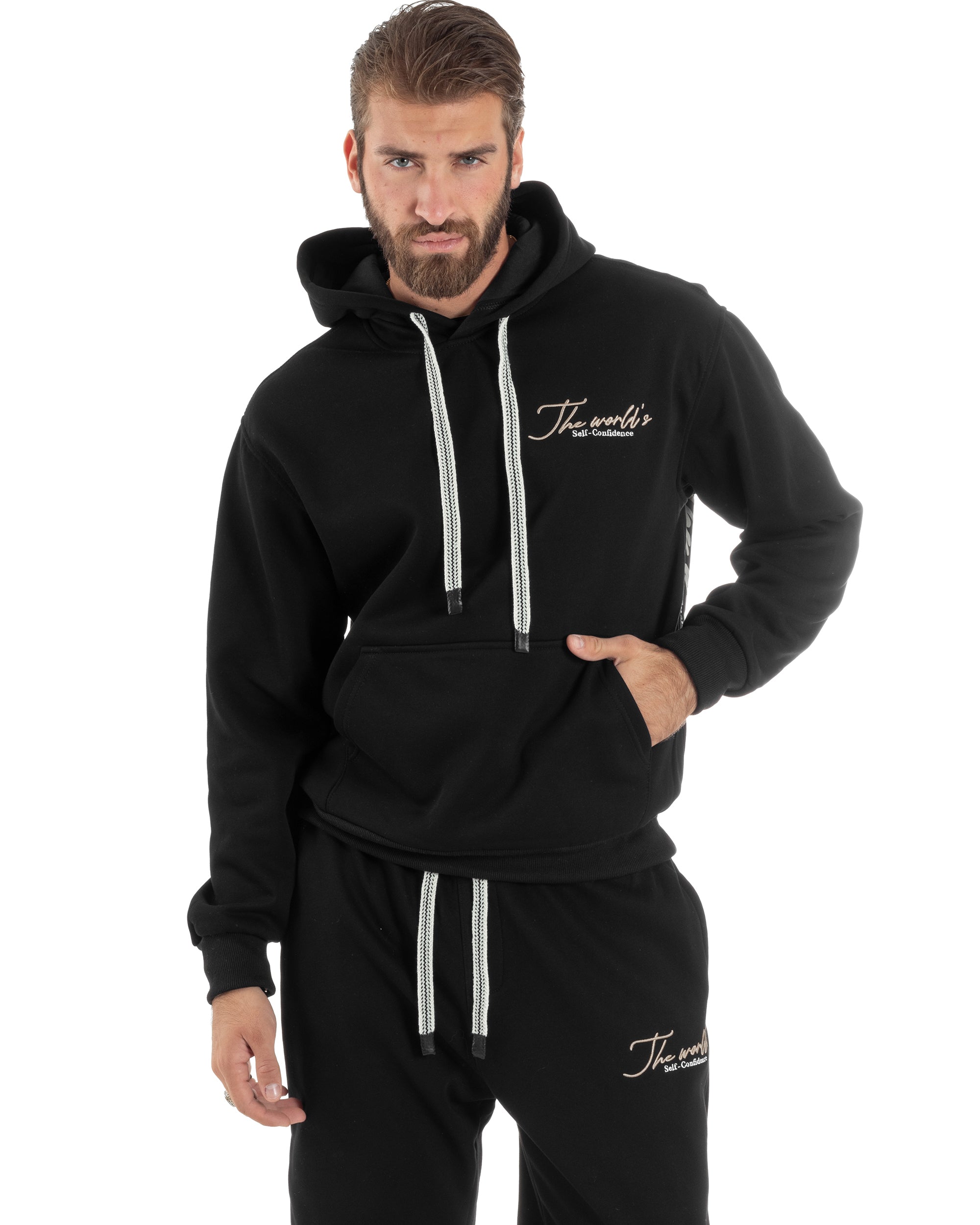 Completo Tuta Uomo PolyCotton Con Stampa Tracksuit Calda Felpa Con Cappuccio Pantaloni Con Elastico Nero GIOSAL-OU2483A