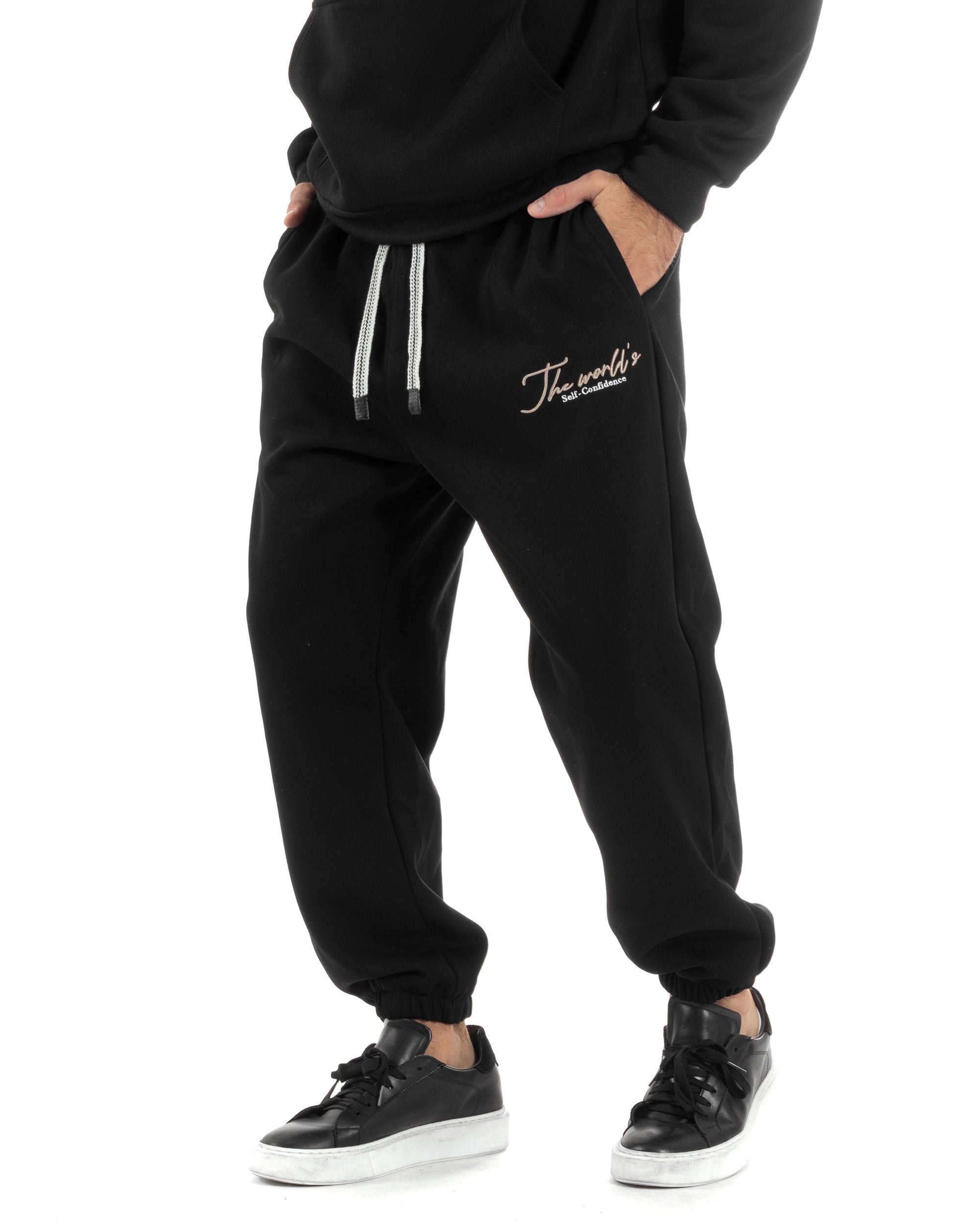 Completo Tuta Uomo PolyCotton Con Stampa Tracksuit Calda Felpa Con Cappuccio Pantaloni Con Elastico Nero GIOSAL-OU2483A