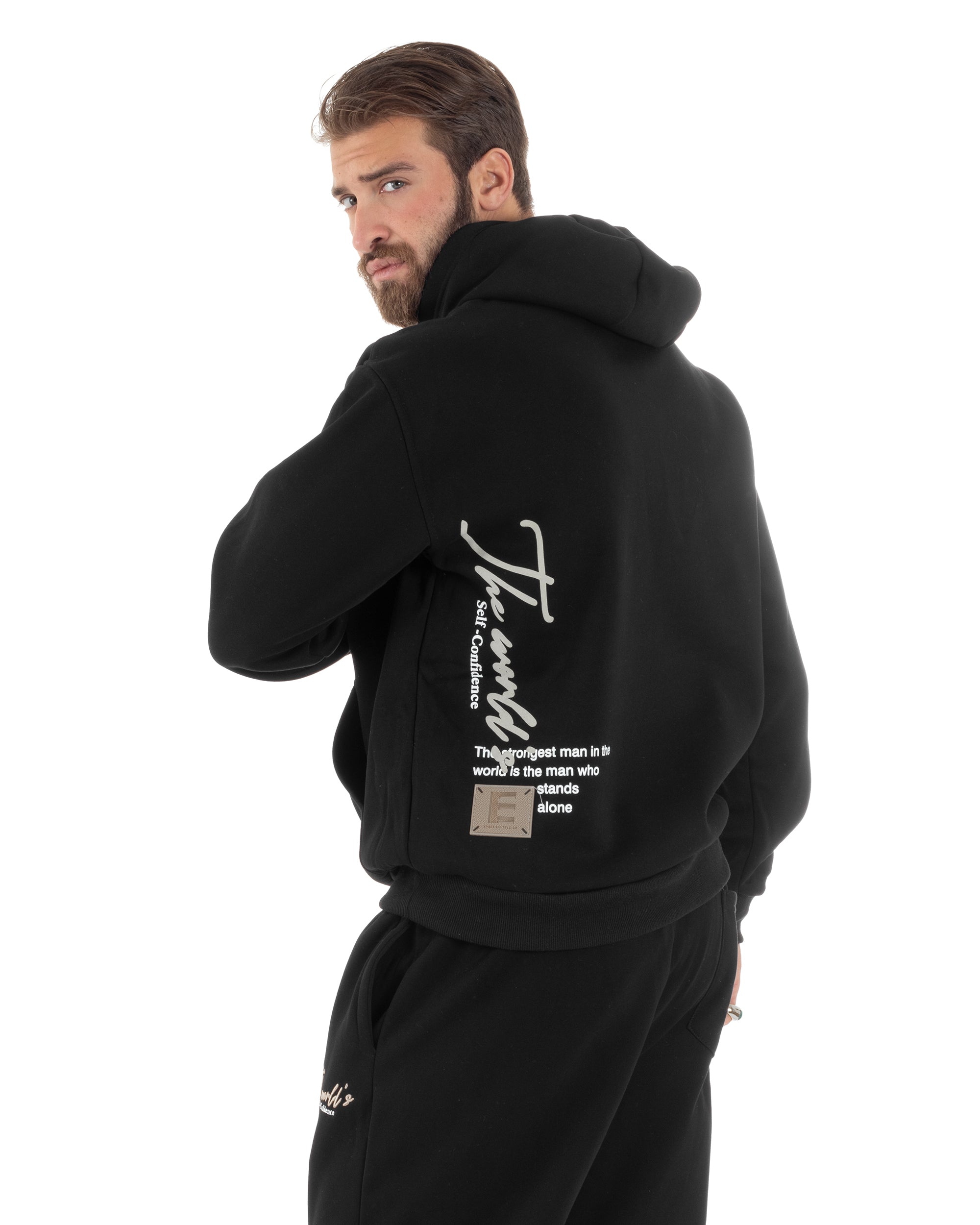 Completo Tuta Uomo PolyCotton Con Stampa Tracksuit Calda Felpa Con Cappuccio Pantaloni Con Elastico Nero GIOSAL-OU2483A