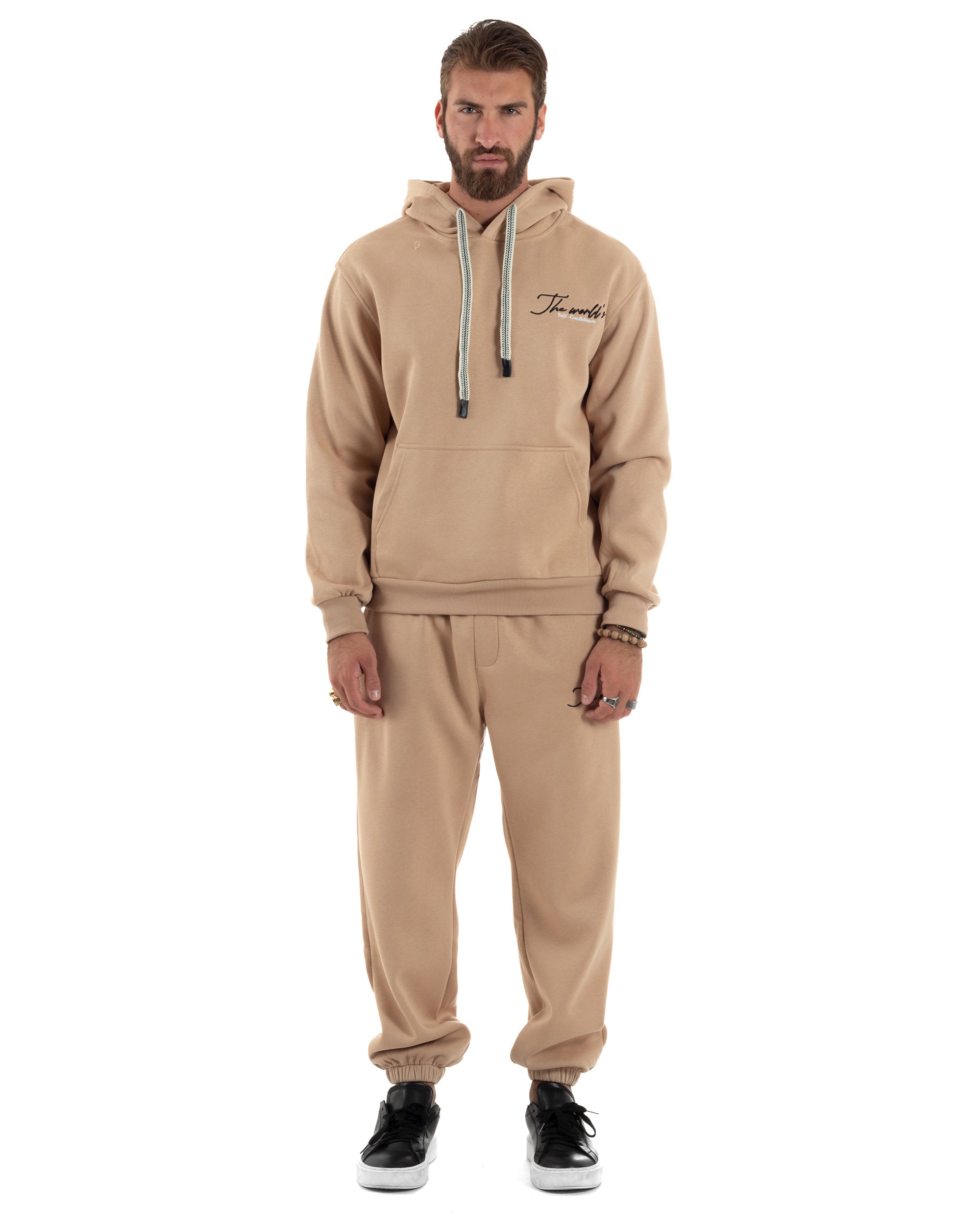 Completo Tuta Uomo PolyCotton Con Stampa Tracksuit Calda Felpa Con Cappuccio Pantaloni Con Elastico Beige GIOSAL-OU2484A