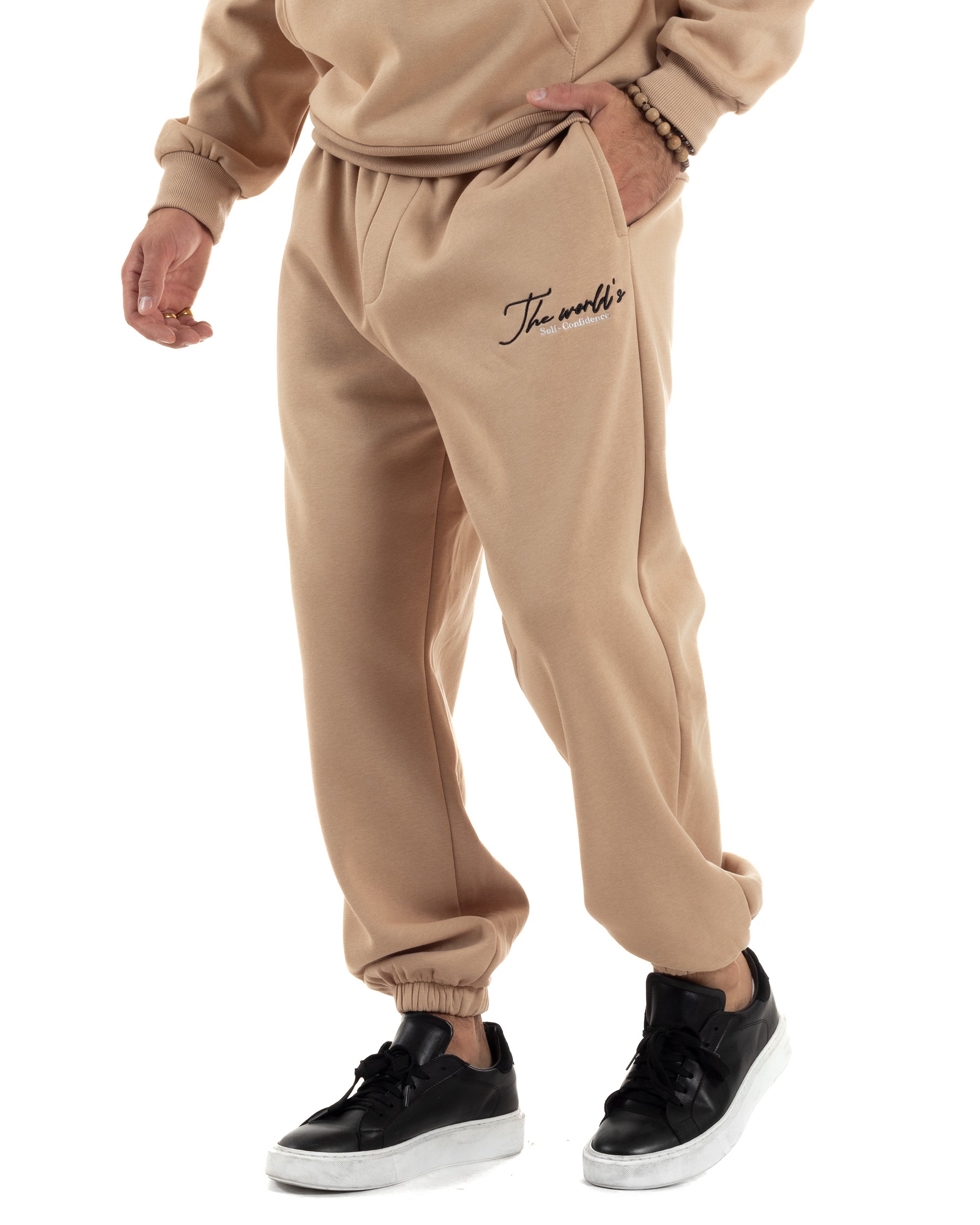 Completo Tuta Uomo PolyCotton Con Stampa Tracksuit Calda Felpa Con Cappuccio Pantaloni Con Elastico Beige GIOSAL-OU2484A