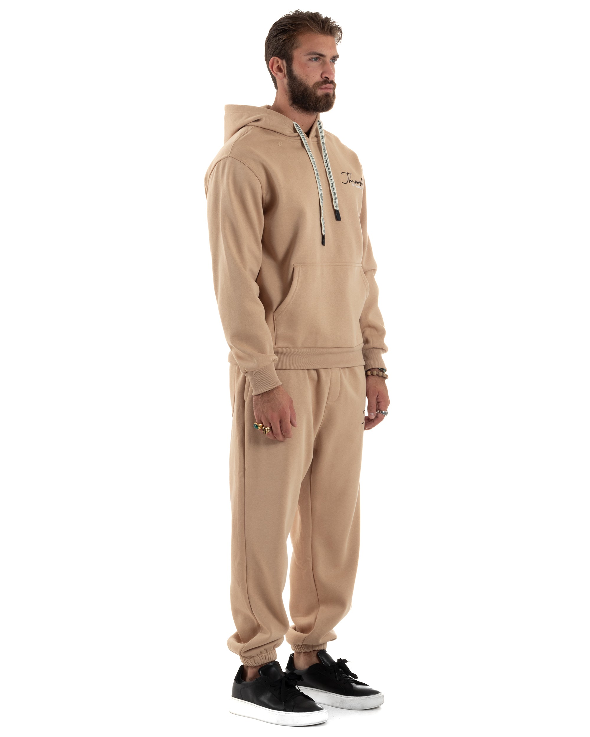 Completo Tuta Uomo PolyCotton Con Stampa Tracksuit Calda Felpa Con Cappuccio Pantaloni Con Elastico Beige GIOSAL-OU2484A