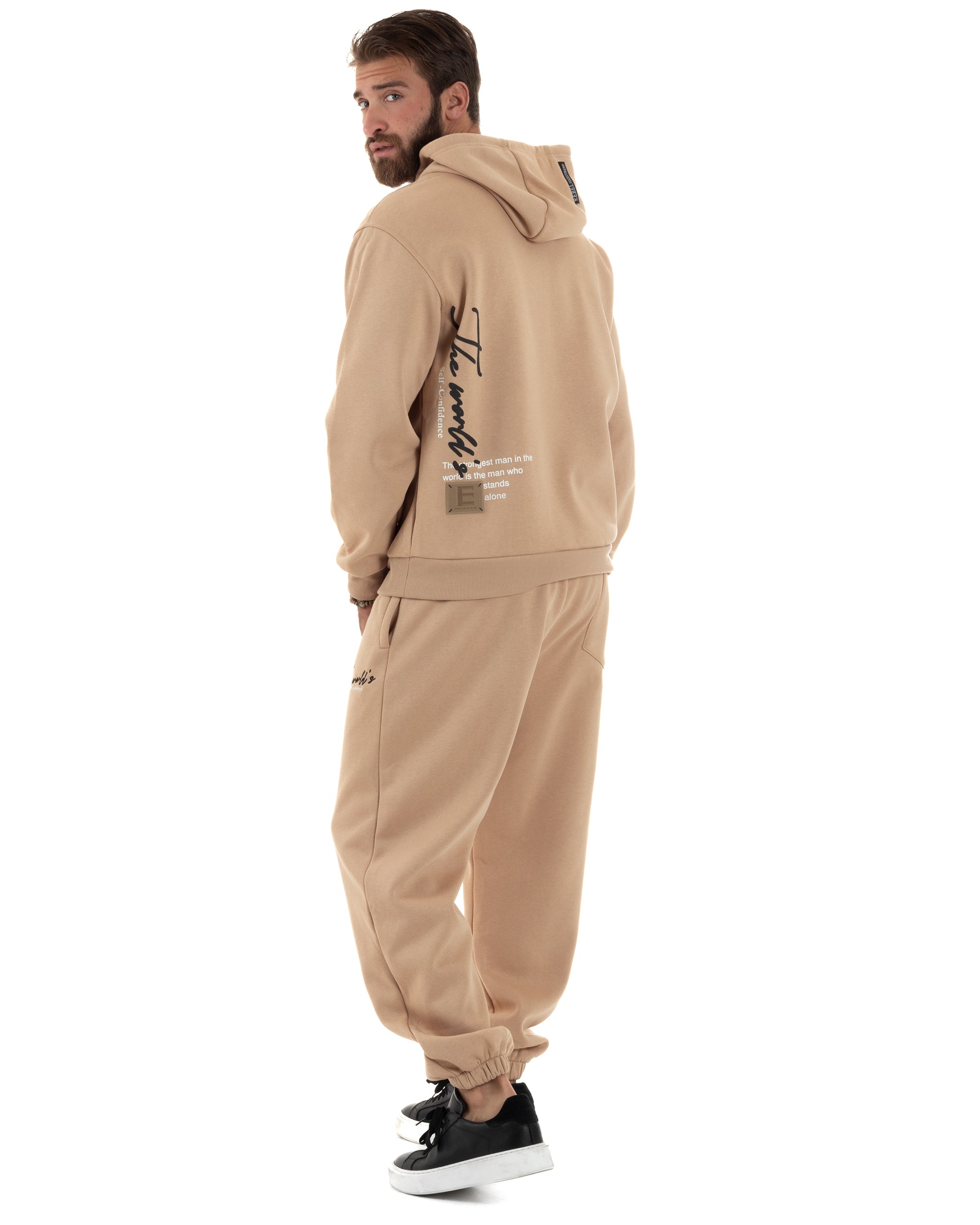 Completo Tuta Uomo PolyCotton Con Stampa Tracksuit Calda Felpa Con Cappuccio Pantaloni Con Elastico Beige GIOSAL-OU2484A