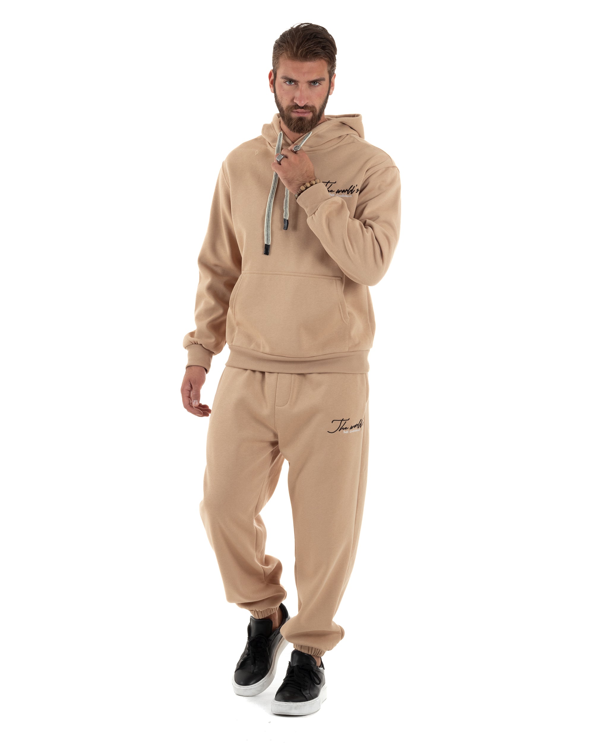 Completo Tuta Uomo PolyCotton Con Stampa Tracksuit Calda Felpa Con Cappuccio Pantaloni Con Elastico Beige GIOSAL-OU2484A