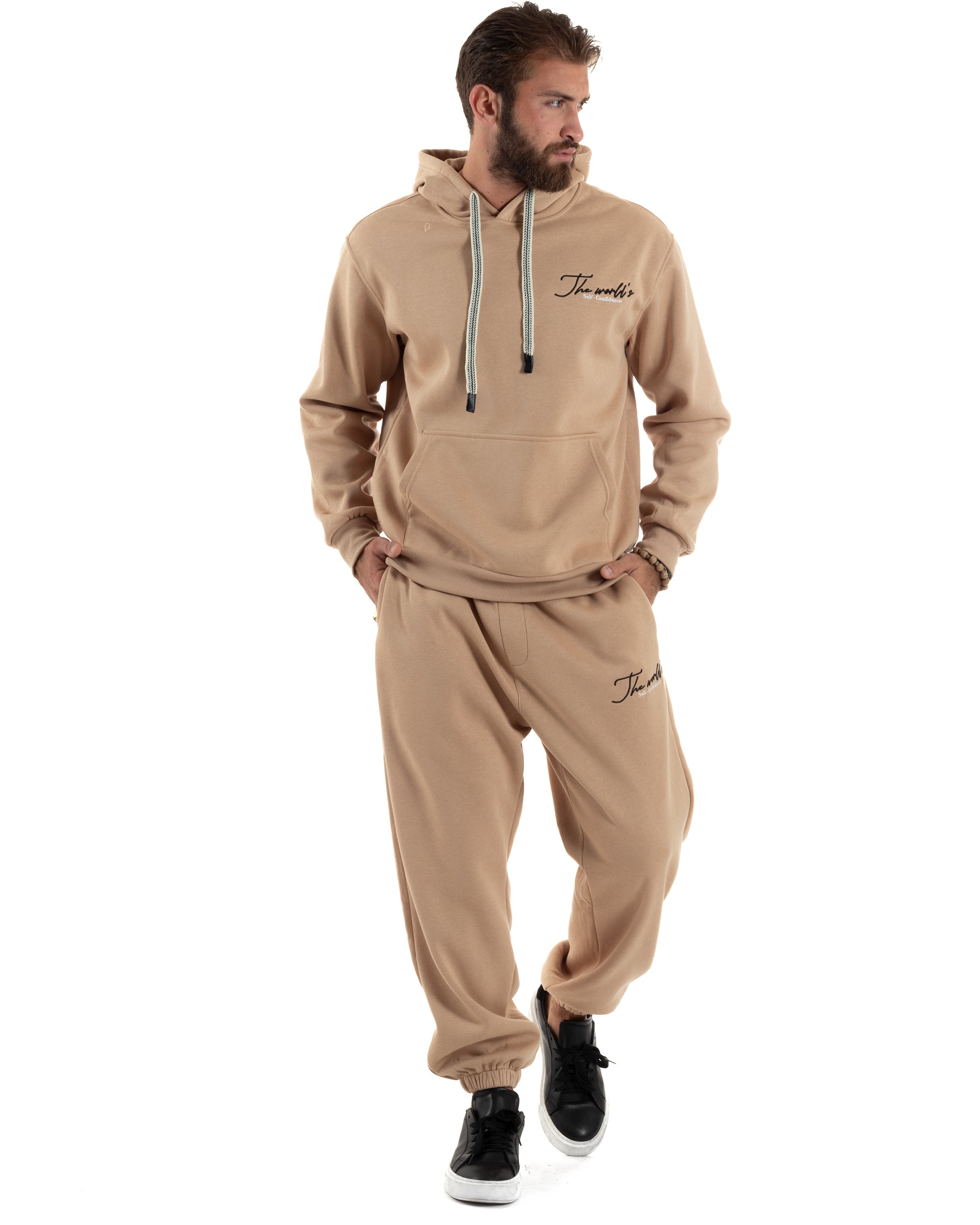 Completo Tuta Uomo PolyCotton Con Stampa Tracksuit Calda Felpa Con Cappuccio Pantaloni Con Elastico Beige GIOSAL-OU2484A