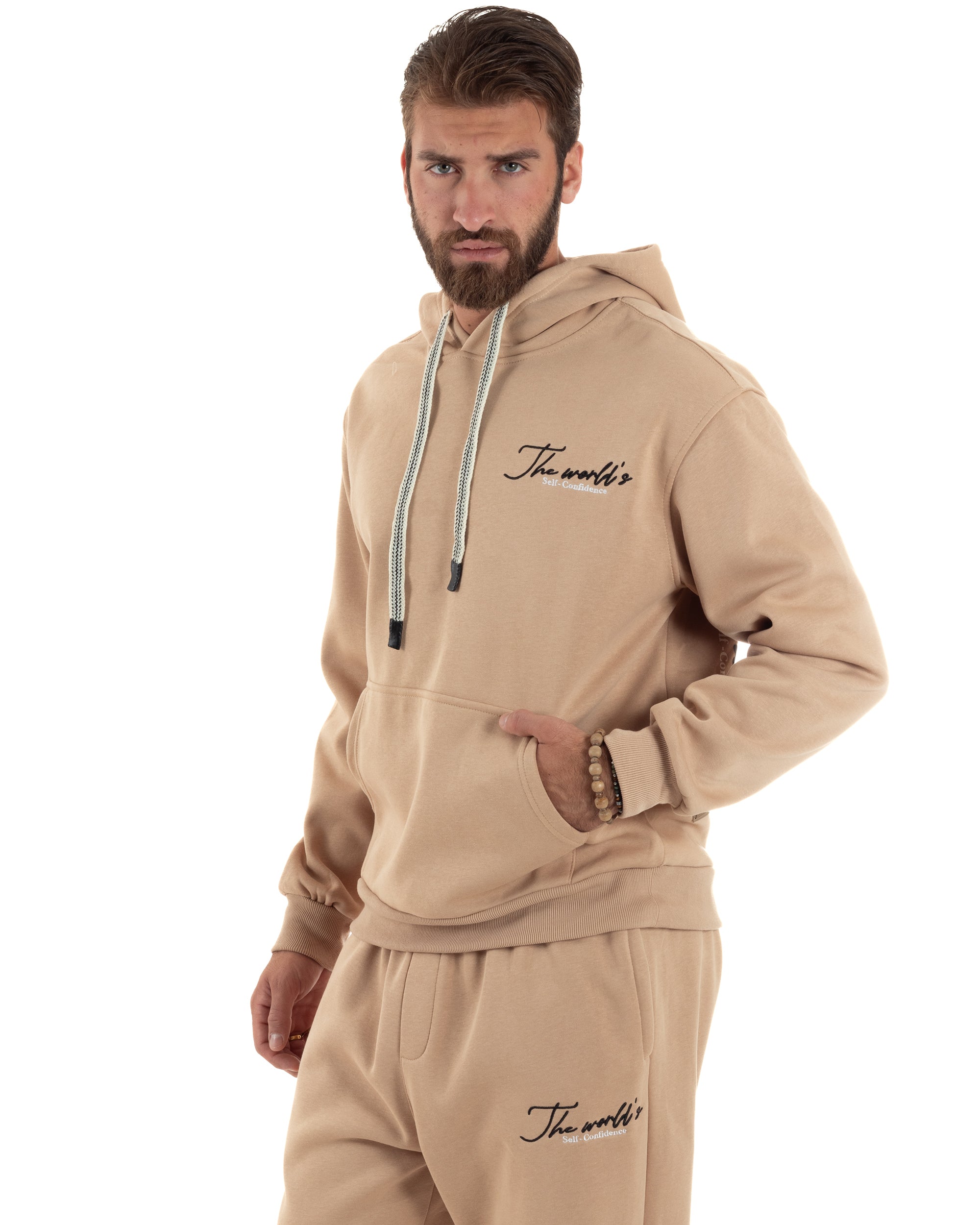 Completo Tuta Uomo PolyCotton Con Stampa Tracksuit Calda Felpa Con Cappuccio Pantaloni Con Elastico Beige GIOSAL-OU2484A