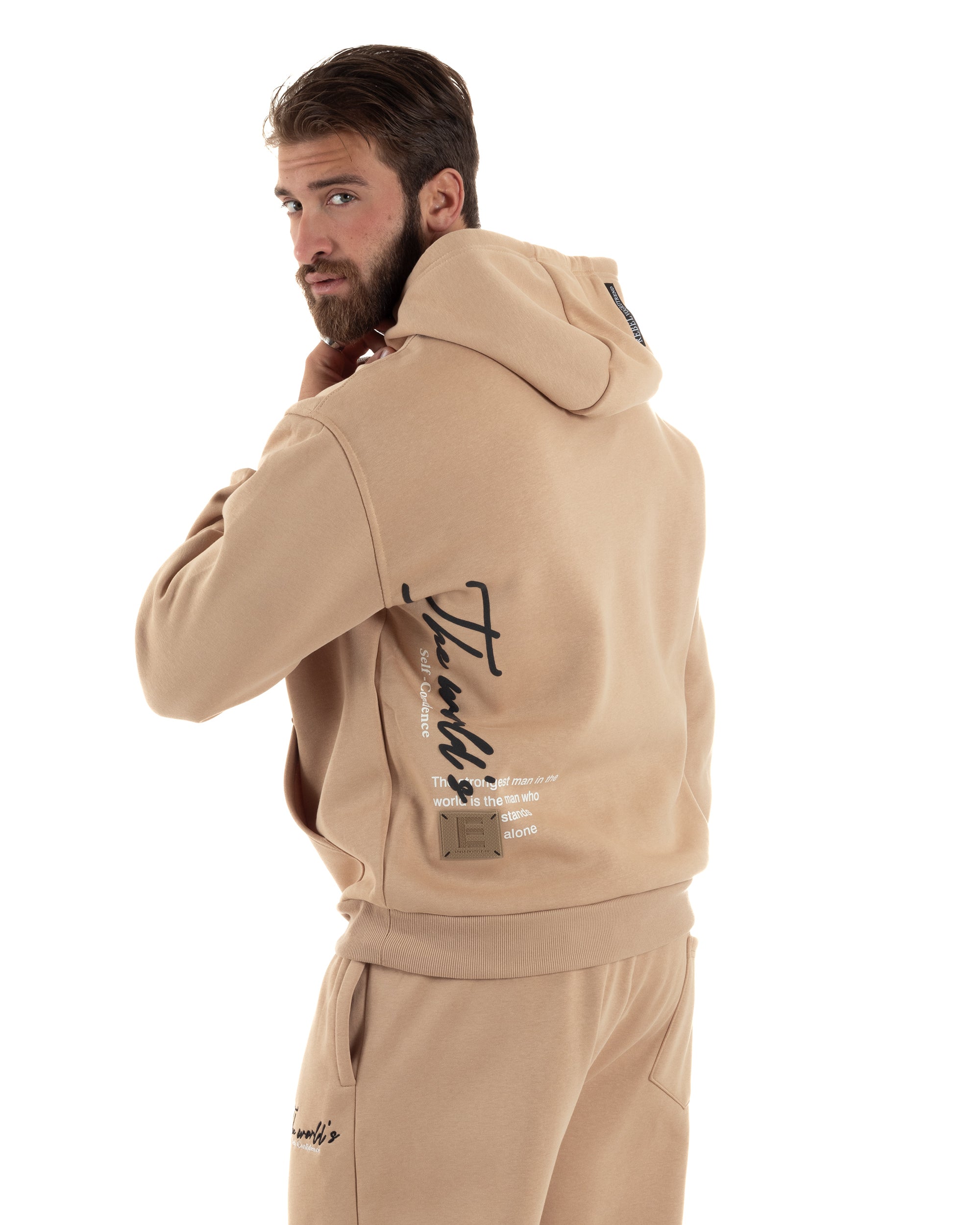 Completo Tuta Uomo PolyCotton Con Stampa Tracksuit Calda Felpa Con Cappuccio Pantaloni Con Elastico Beige GIOSAL-OU2484A