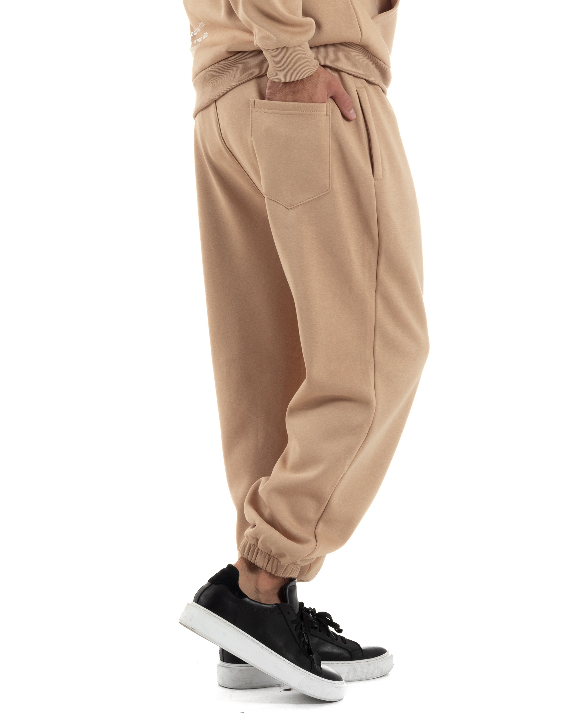 Completo Tuta Uomo PolyCotton Con Stampa Tracksuit Calda Felpa Con Cappuccio Pantaloni Con Elastico Beige GIOSAL-OU2484A