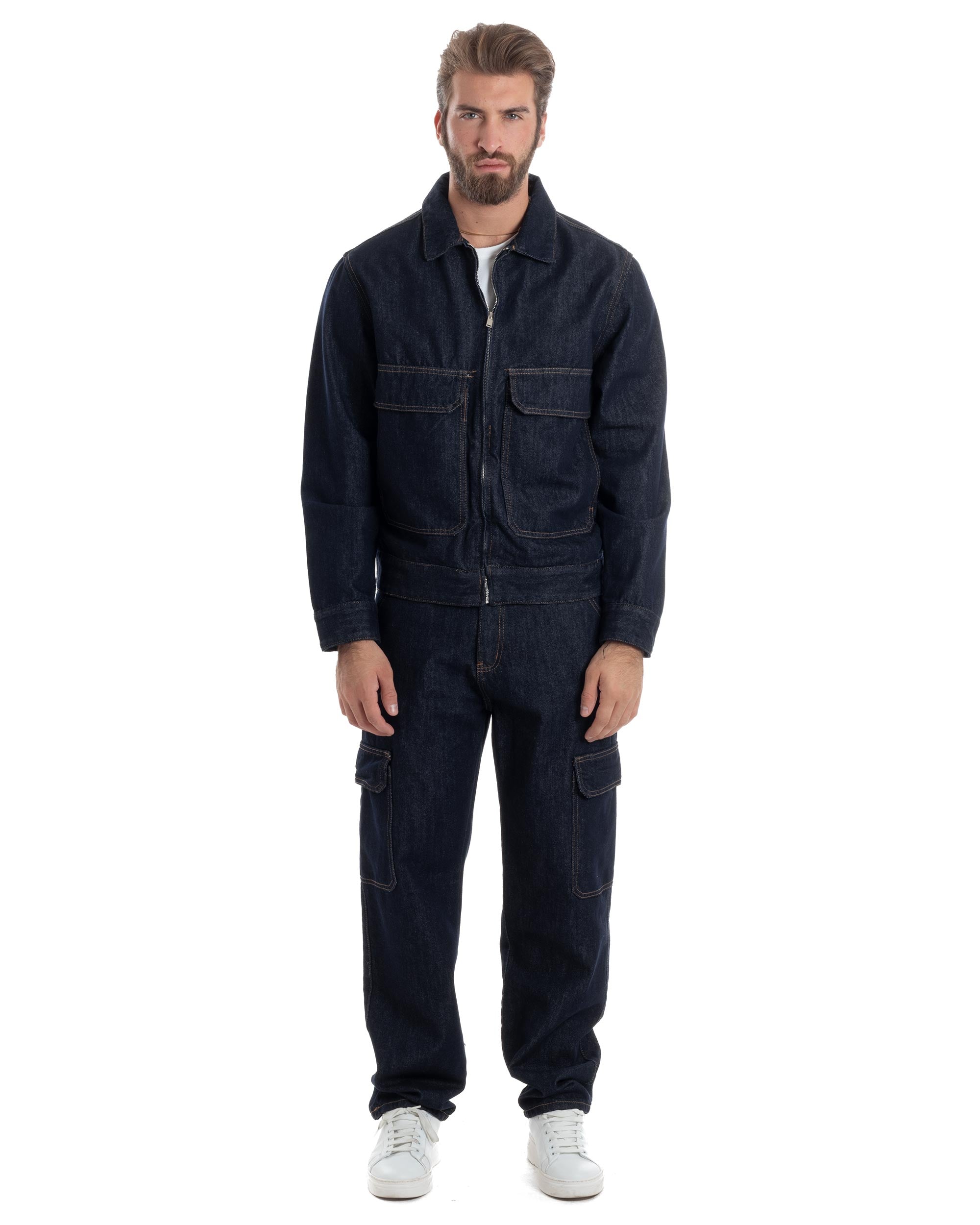 Coordinato Uomo Jeans Completo Denim Giacca Giubbotto Pantaloni Cargo Casual GIOSAL-OU2485A