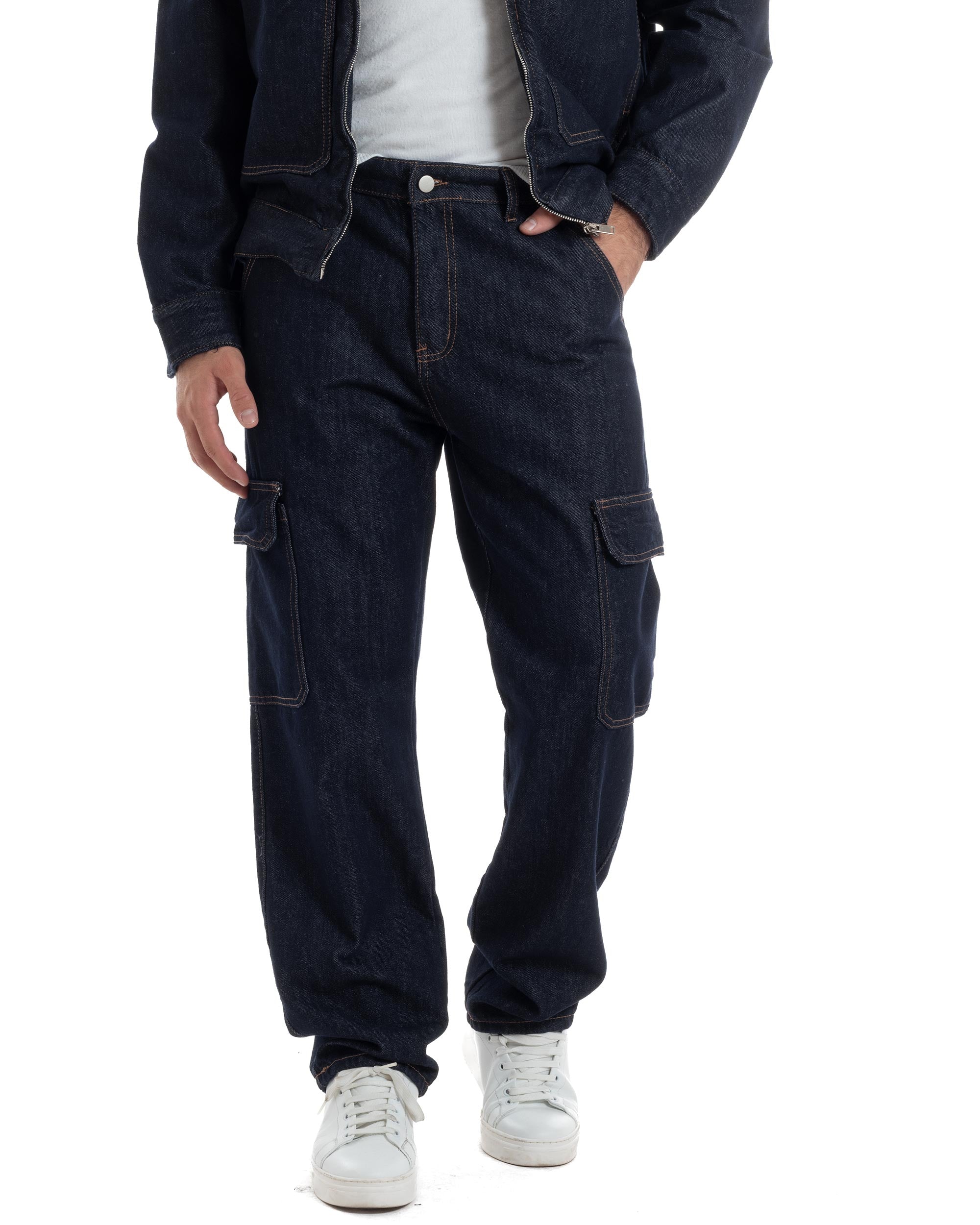 Coordinato Uomo Jeans Completo Denim Giacca Giubbotto Pantaloni Cargo Casual GIOSAL-OU2485A