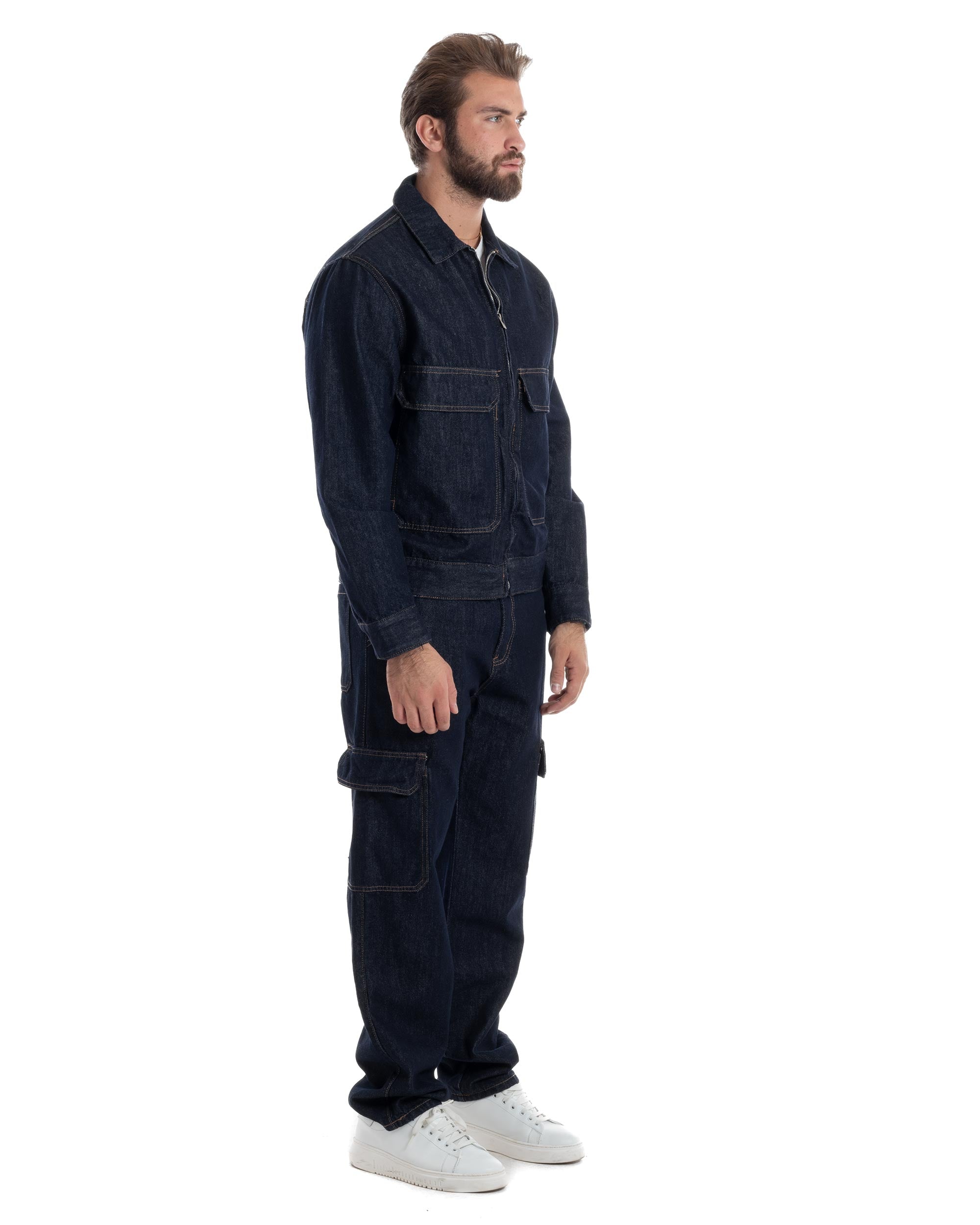 Coordinato Uomo Jeans Completo Denim Giacca Giubbotto Pantaloni Cargo Casual GIOSAL-OU2485A