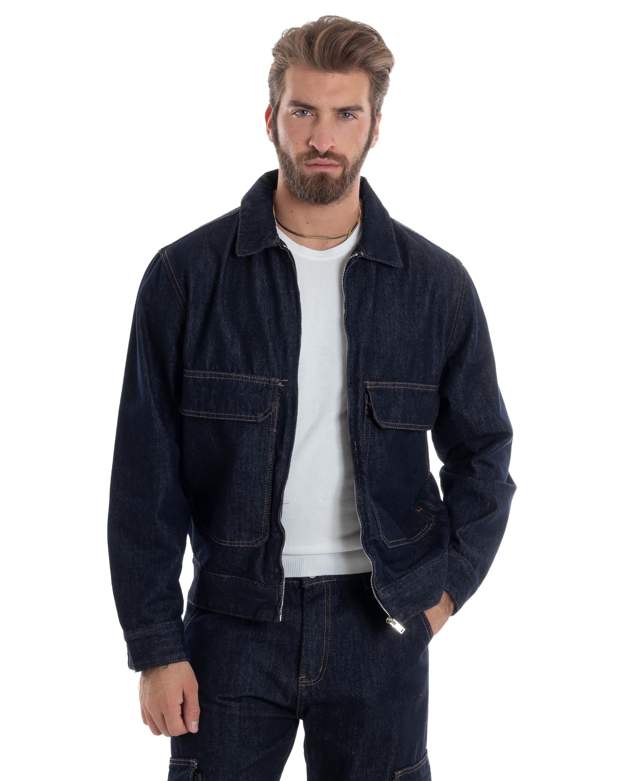 Coordinato Uomo Jeans Completo Denim Giacca Giubbotto Pantaloni Cargo Casual GIOSAL-OU2485A