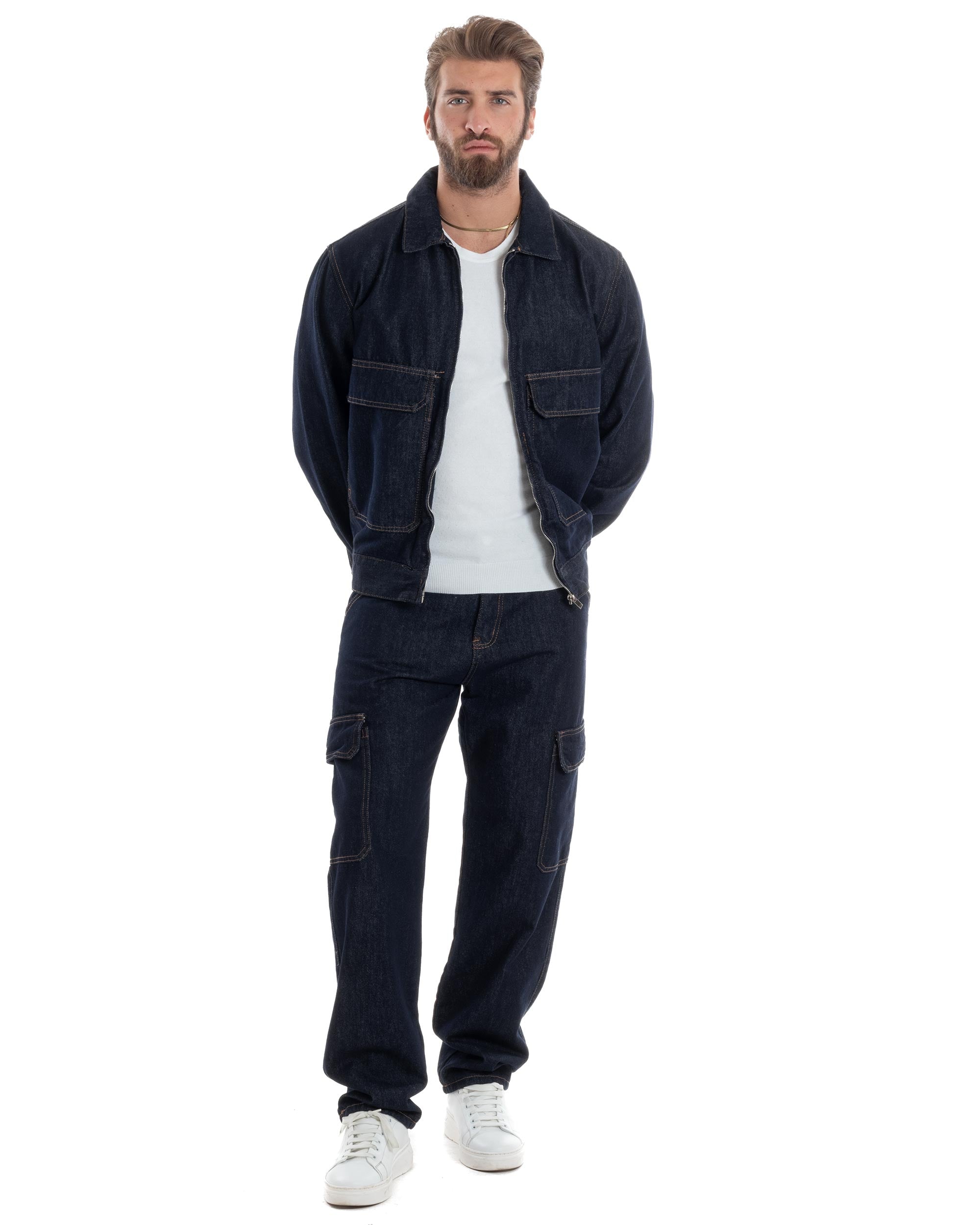 Coordinato Uomo Jeans Completo Denim Giacca Giubbotto Pantaloni Cargo Casual GIOSAL-OU2485A