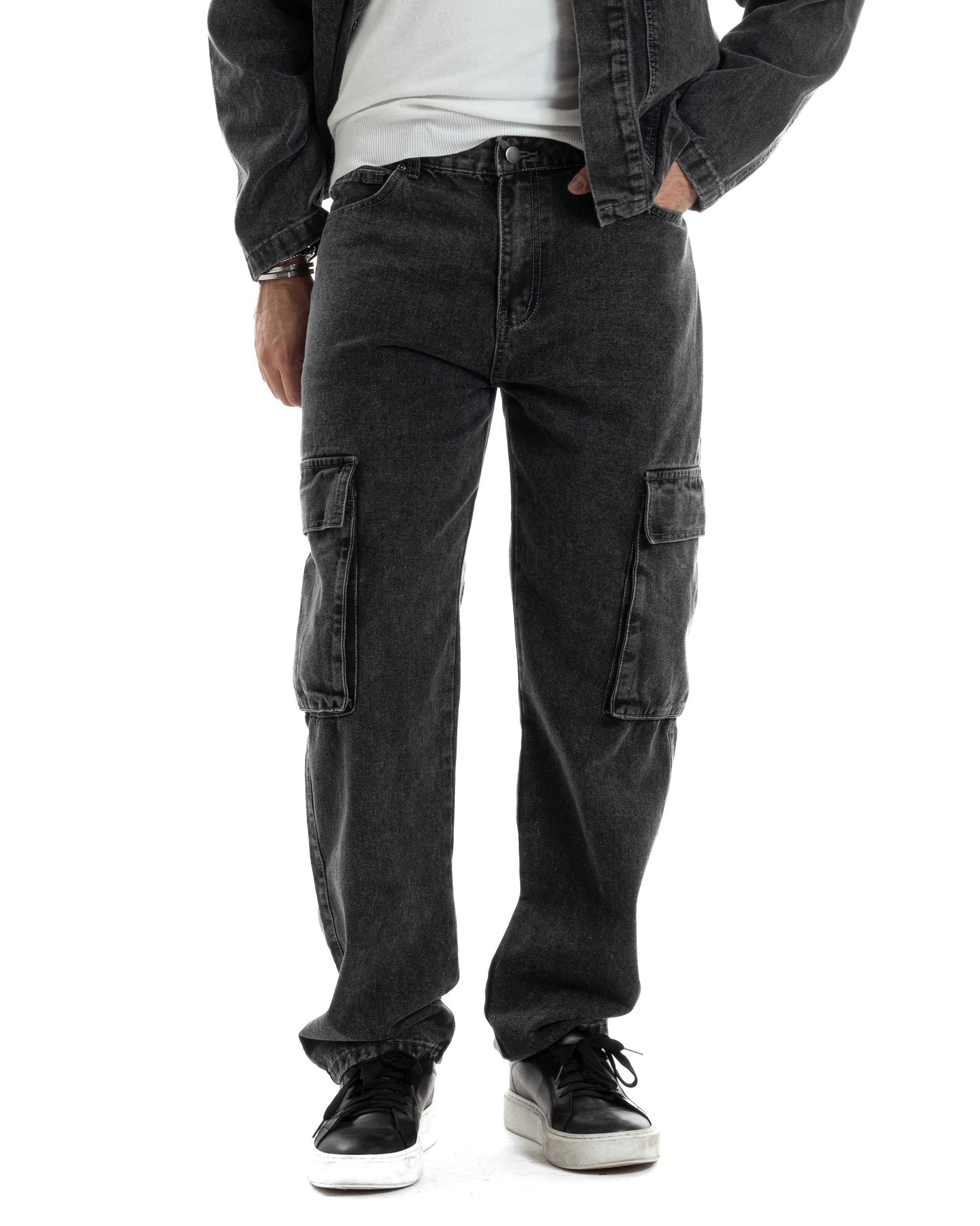 Coordinato Uomo Jeans Completo Denim Nero Giacca Giubbotto Pantaloni Cargo Casual GIOSAL-OU2486A