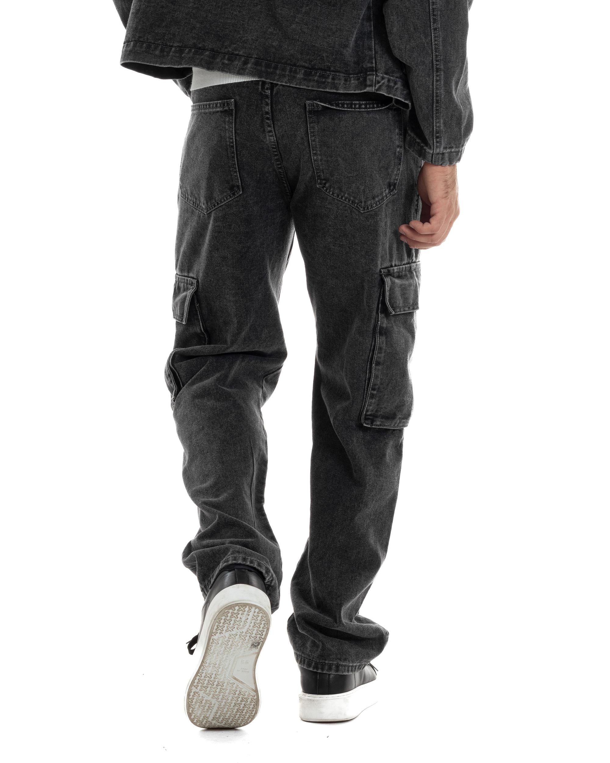 Coordinato Uomo Jeans Completo Denim Nero Giacca Giubbotto Pantaloni Cargo Casual GIOSAL-OU2486A