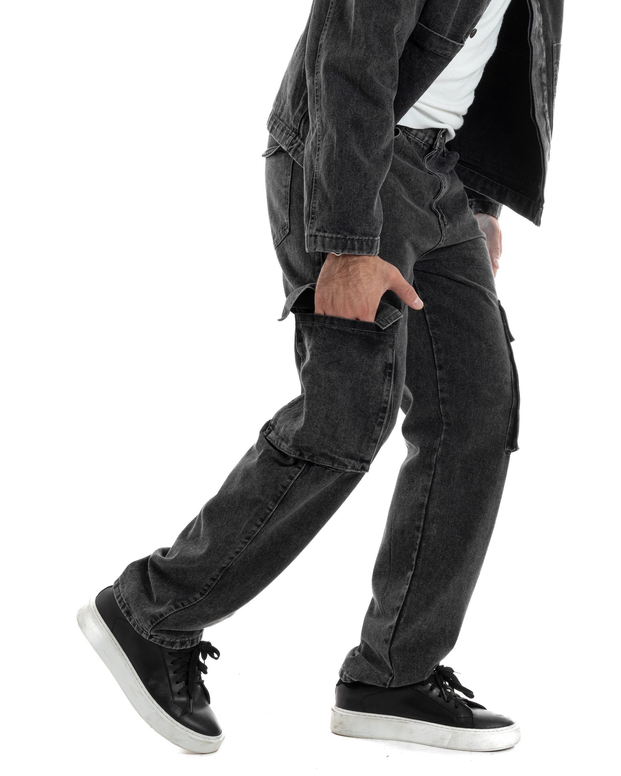 Coordinato Uomo Jeans Completo Denim Nero Giacca Giubbotto Pantaloni Cargo Casual GIOSAL-OU2486A